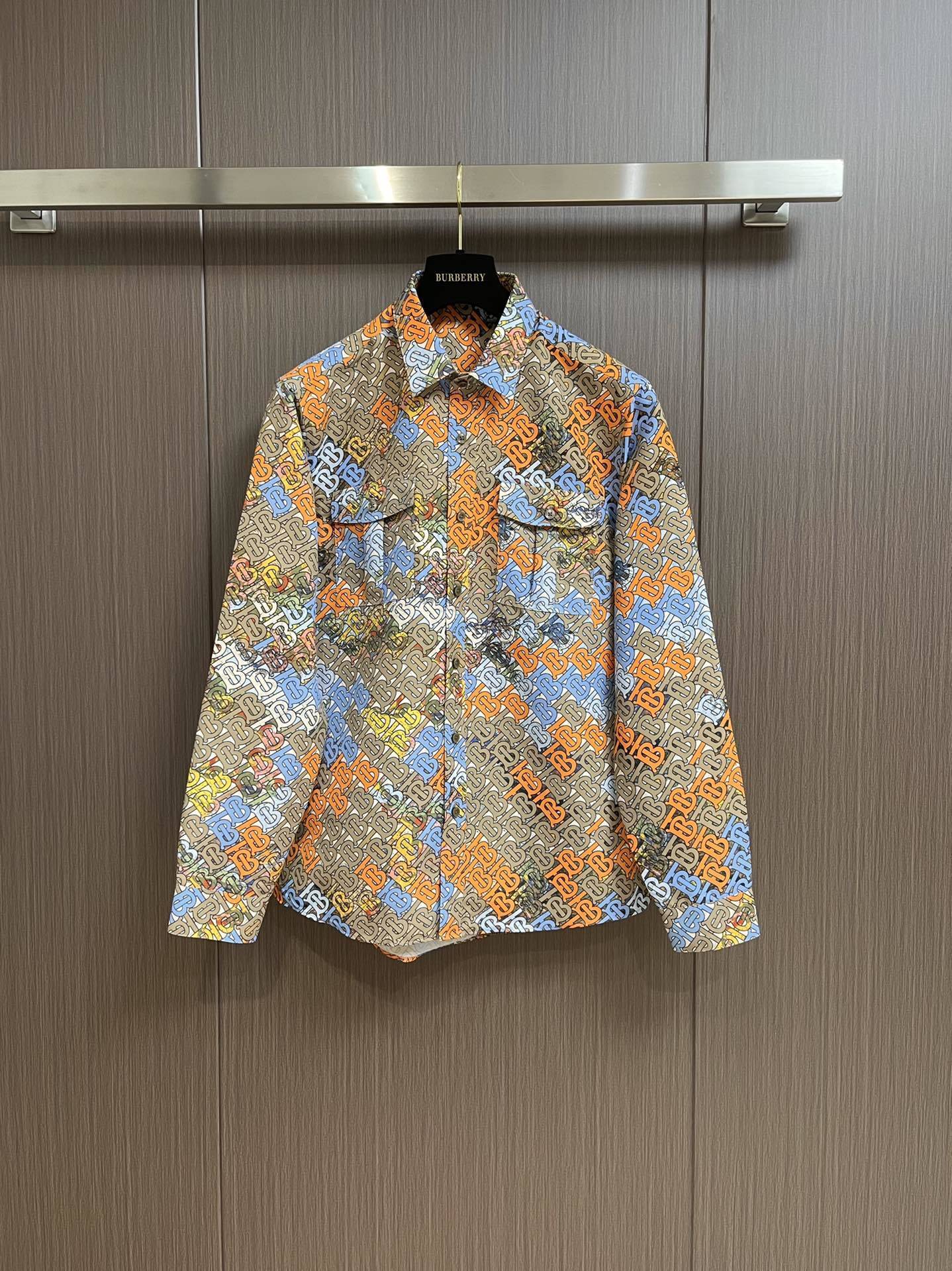 Burberry men's long-sleeve button-down shirt with a multi-color abstract or patchwork print