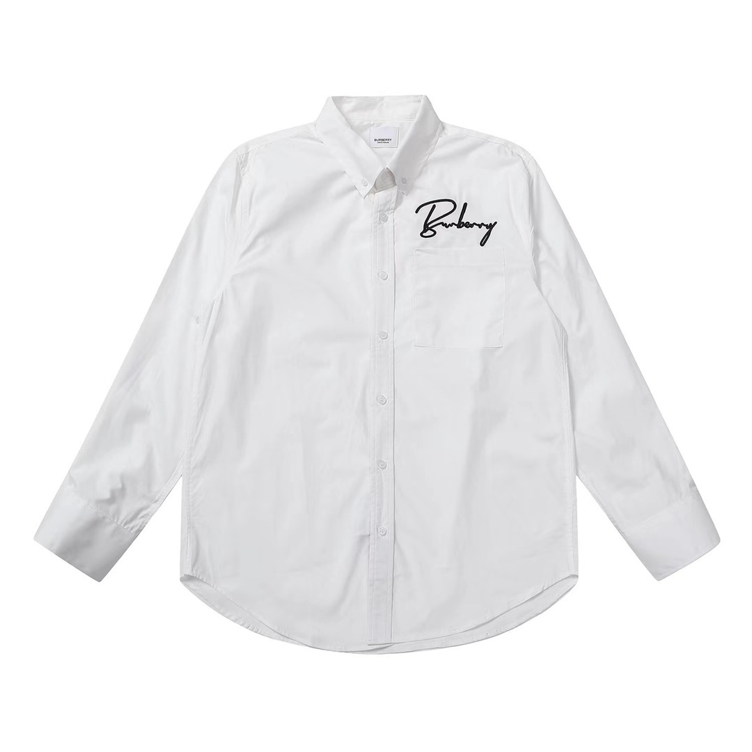 Burberry long sleeved button-down shirt white with a black embroidered signature logo on the chest.