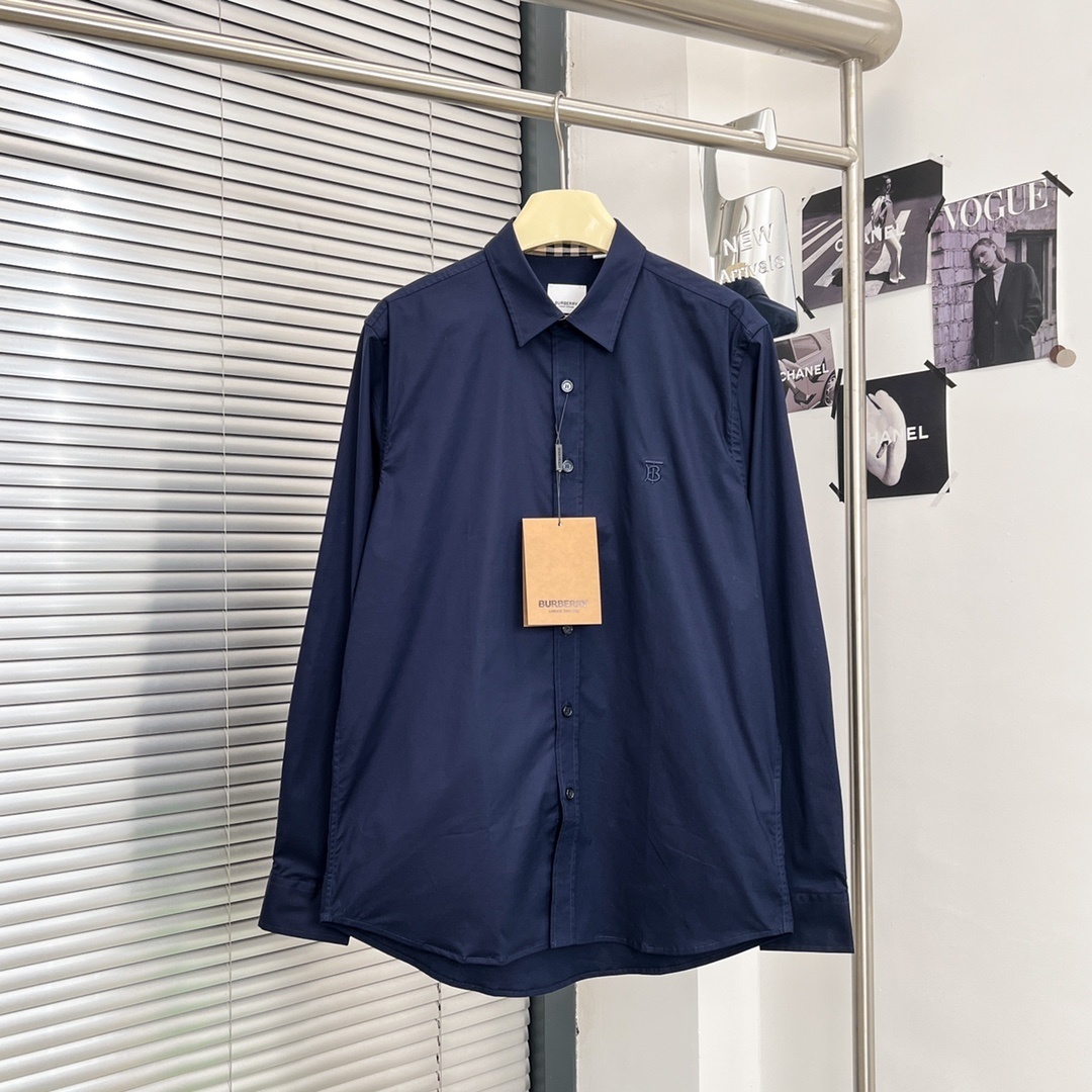Burberry Slim Fit Sateen Shirt in navy blue cotton