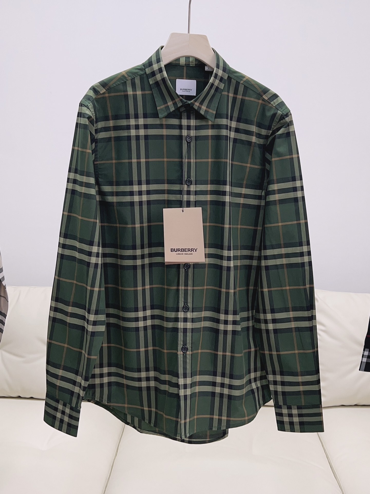 Burberry Slim Fit Check Cotton Shirt in dark green with beige checks