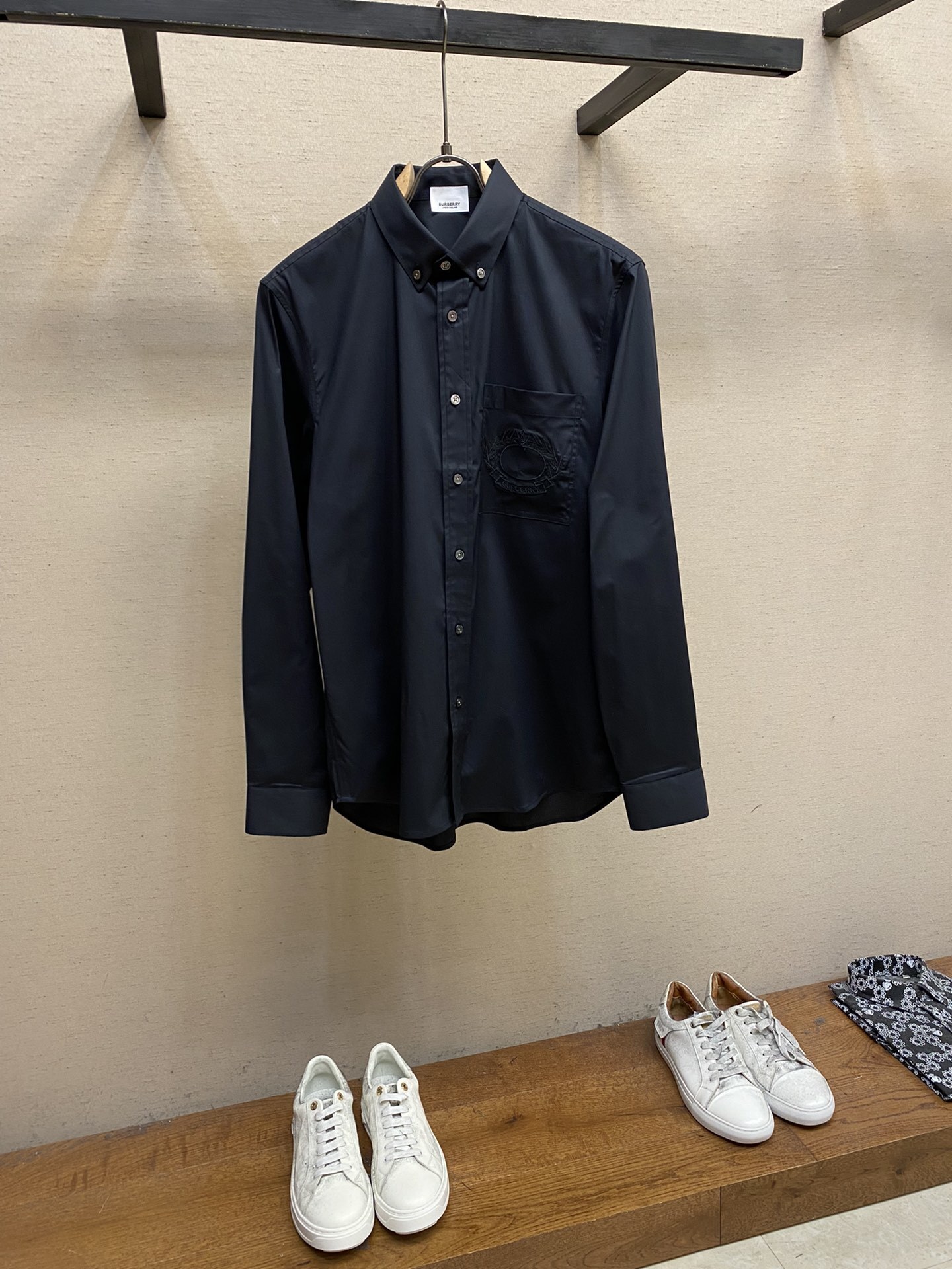 Burberry men's regular-fit button-down shirt in navy blue cotton