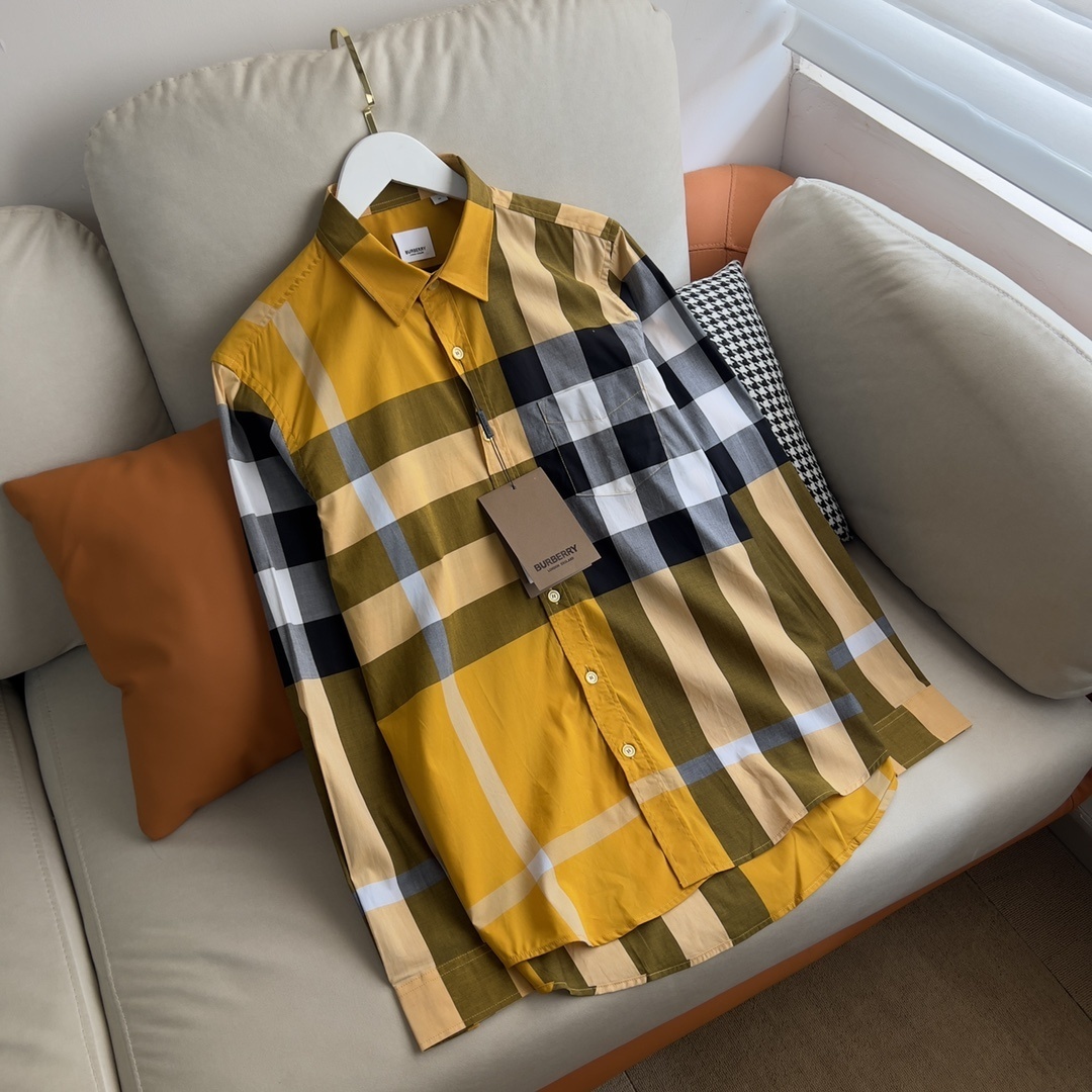 Burberry Check Stretch Cotton Poplin Shirt in a yellow colorway