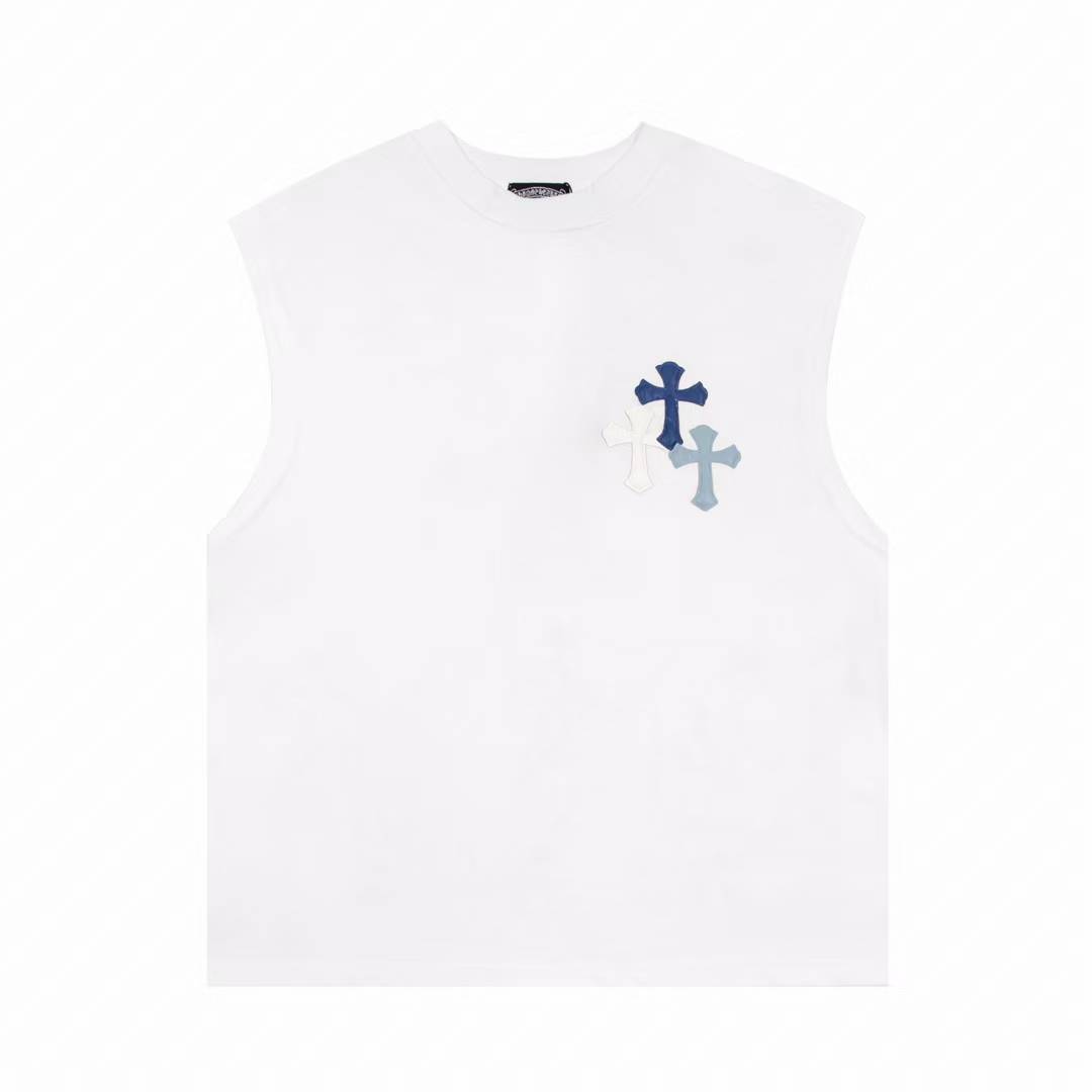 chrome hearts white sleeveless shirt with blue crosses embroidered on the chest