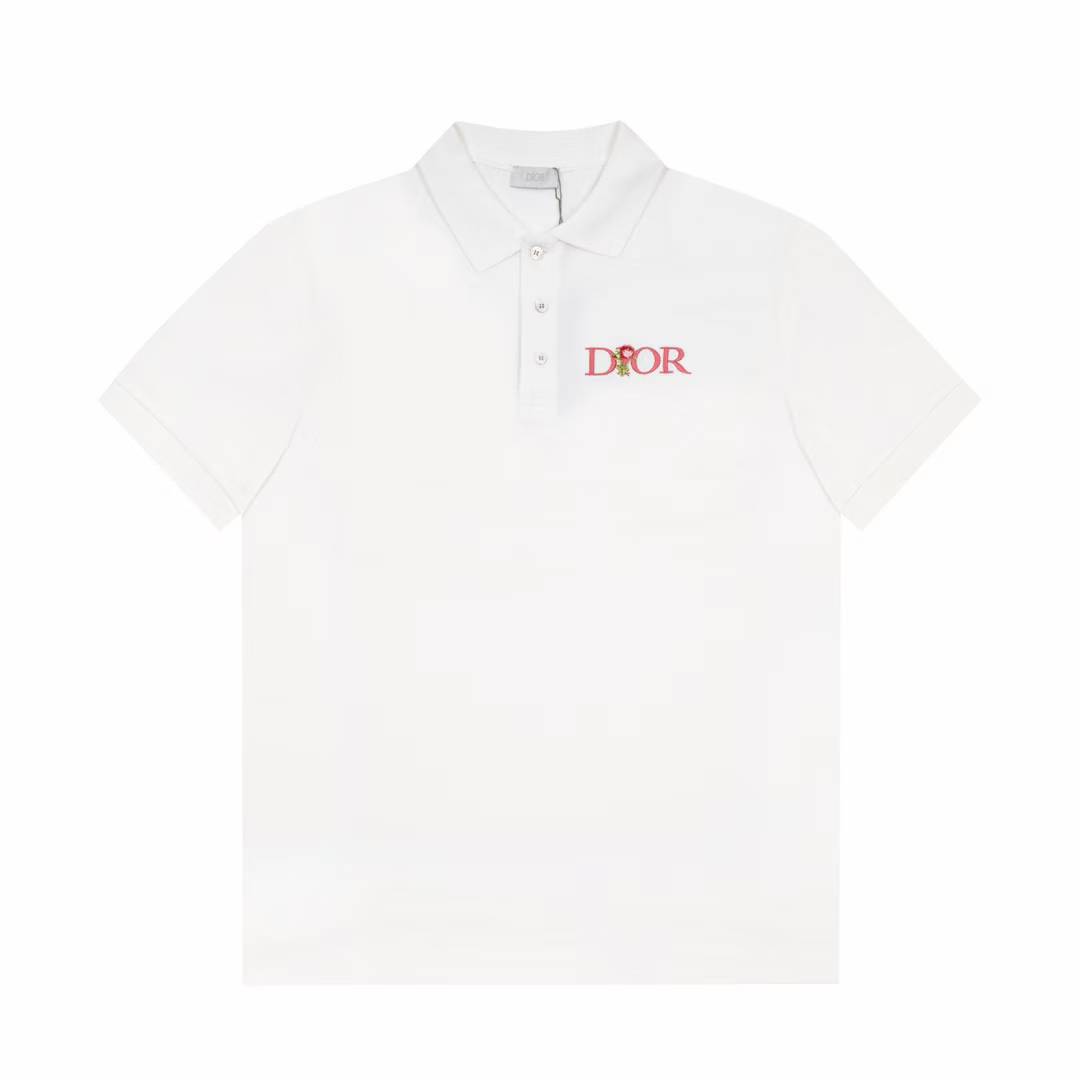 Dior Jardin Embroidered Rose Polo Shirt in white cotton pique