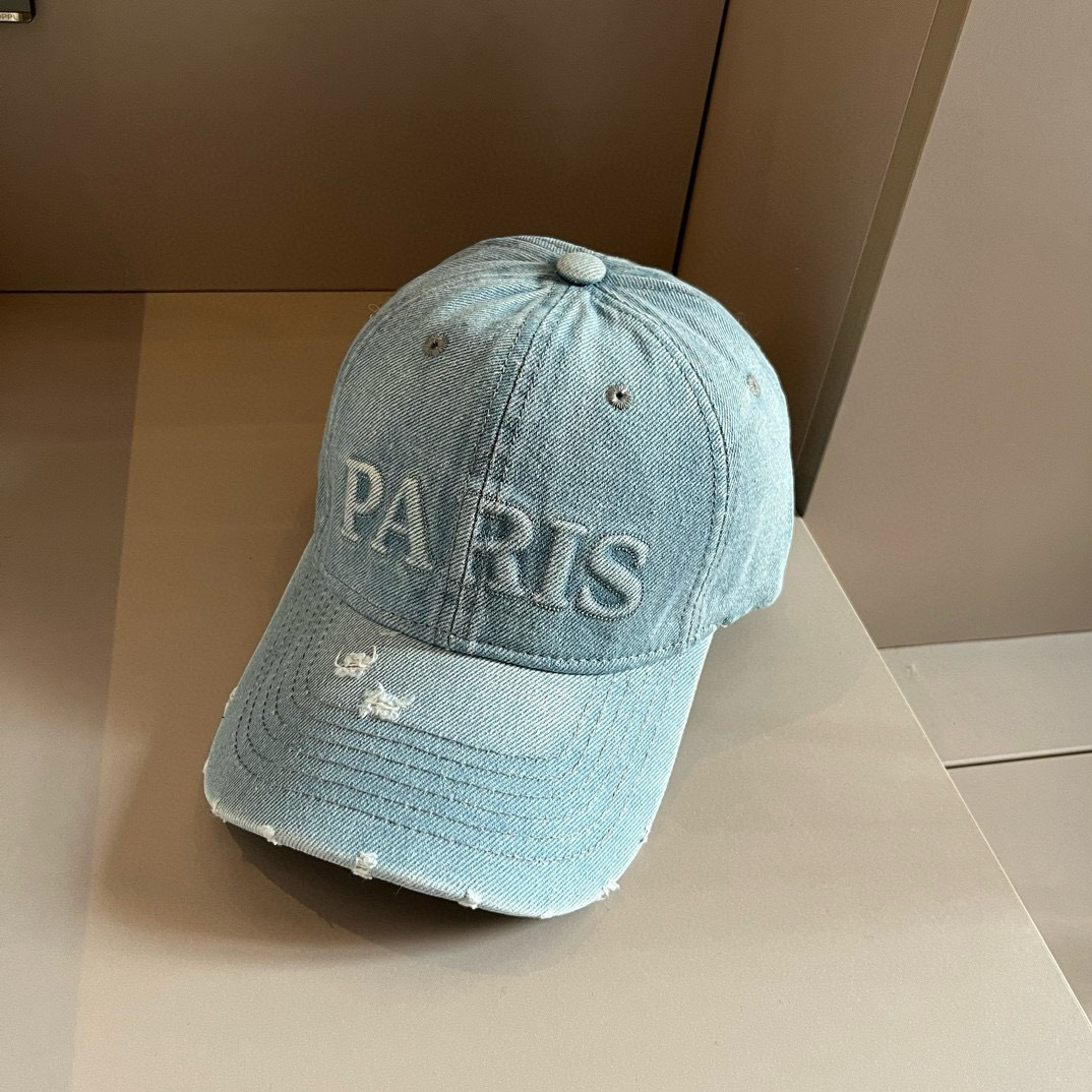 Prada light blue denim distressed baseball cap with "PARIS" embroidered text