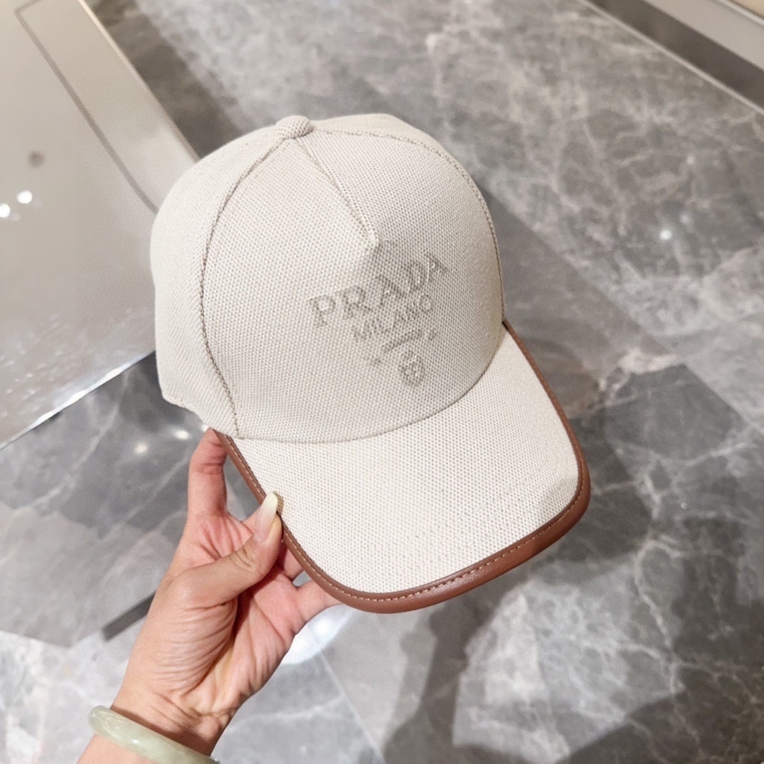 Prada Natural Linen Blend Baseball Cap with leather trim