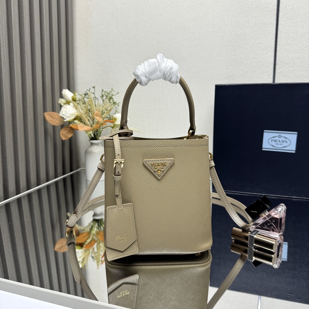Prada Panier mini tote bag in Saffiano leather in a neutral or sand beige color