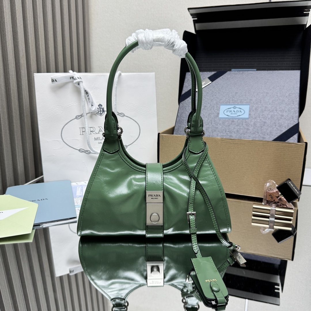 Prada small push-lock leather tote bag in green calfskin leather