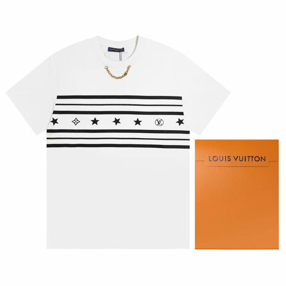 LV Summer Stardust SS22 T-Shirt in white cotton with a logo stripe print and chain detail