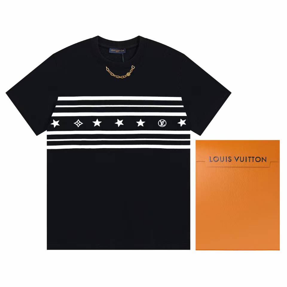LV black cotton t-shirt with white stripes, stars, and a chain detail