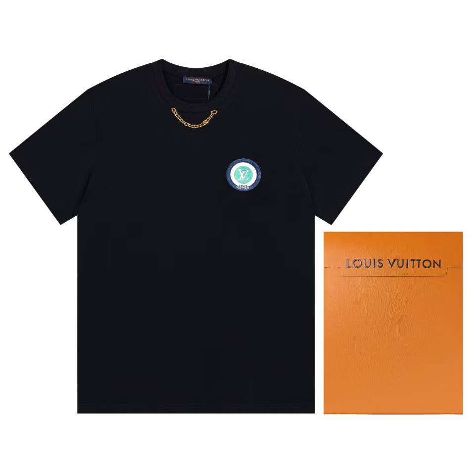 LV black crewneck t-shirt with a gold-tone chain detail and a chest patch