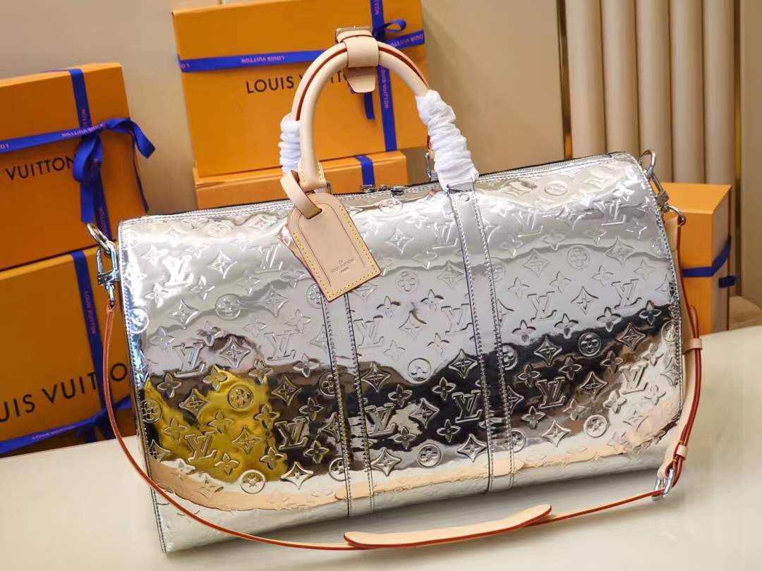 LV Keepall Bandouliere 50 travel bag in silver Monogram Miroir canvas