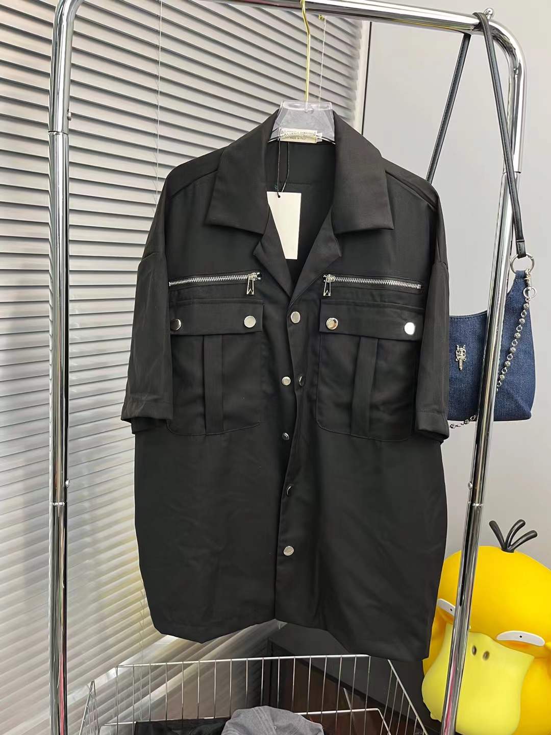 Prada black short-sleeved button-up shirt with zip pockets
