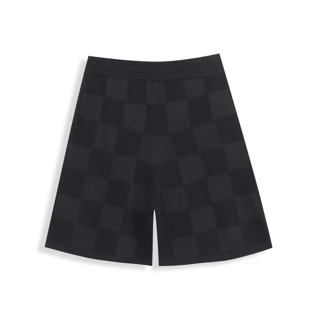 lv Damier French Terry Cotton Shorts in a black tonal checkered pattern
