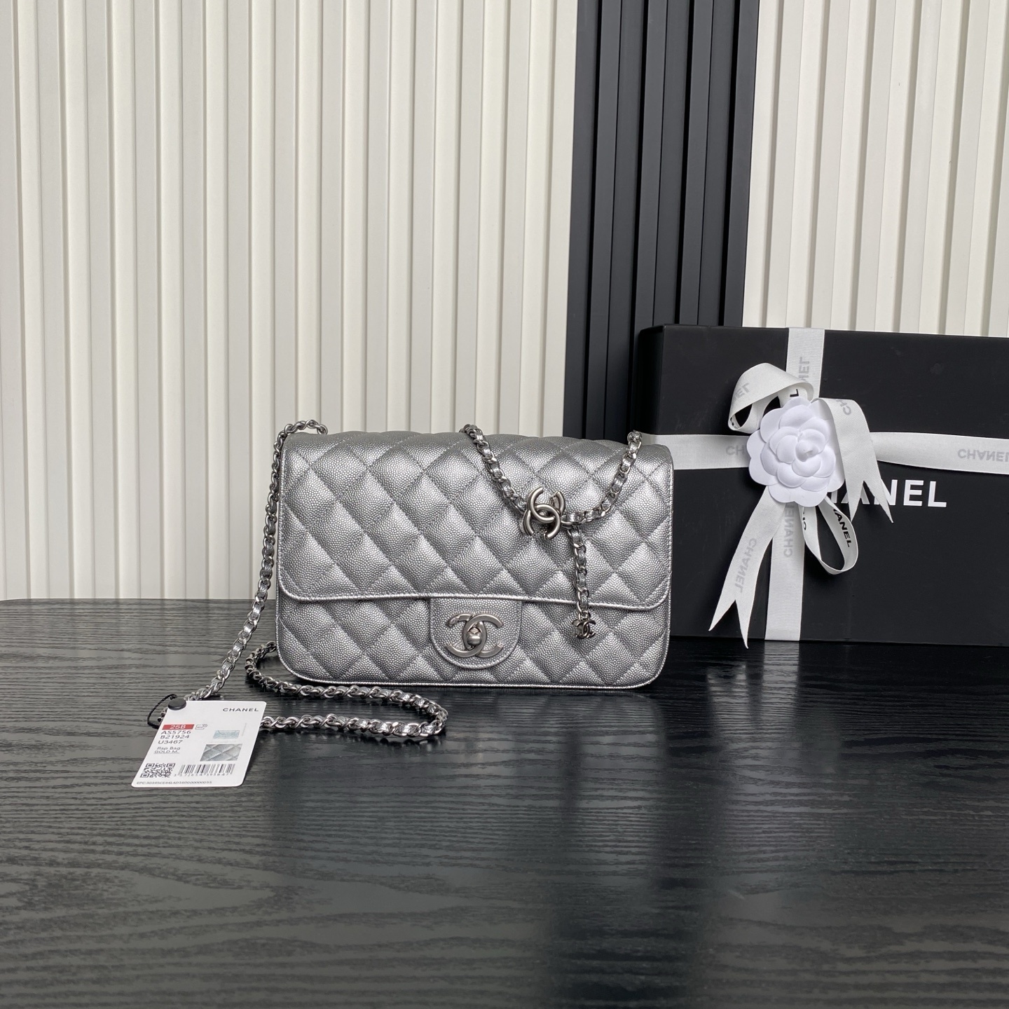 Chanel quilted silver metallic flap bag