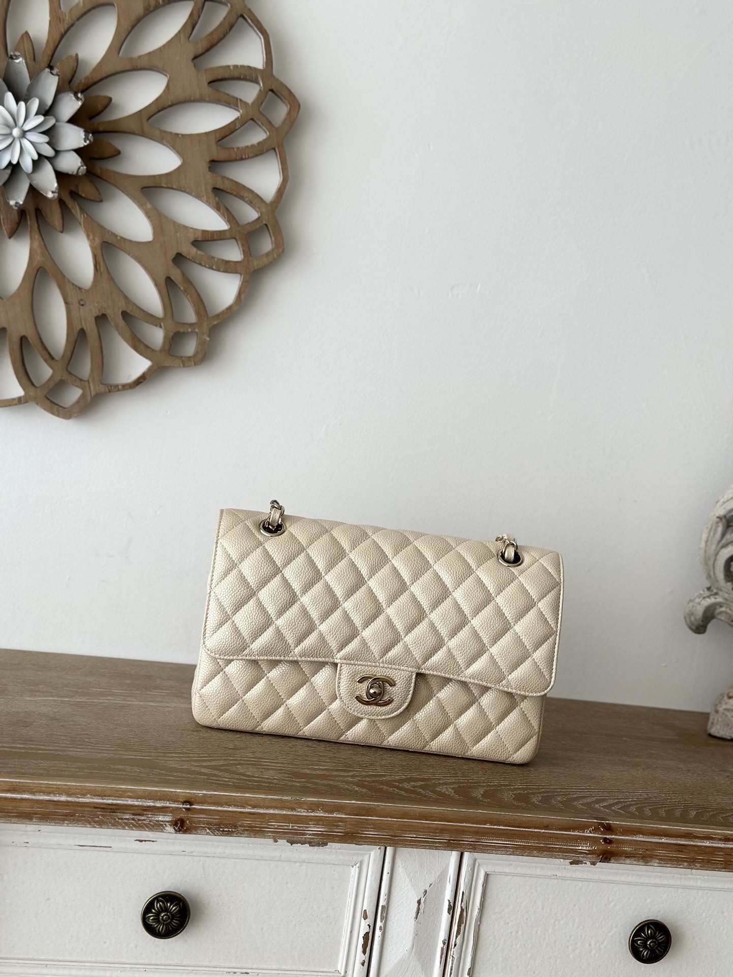 Chanel Classic Double Flap bag in pearlescent or iridescent white caviar leather with silver-tone hardware