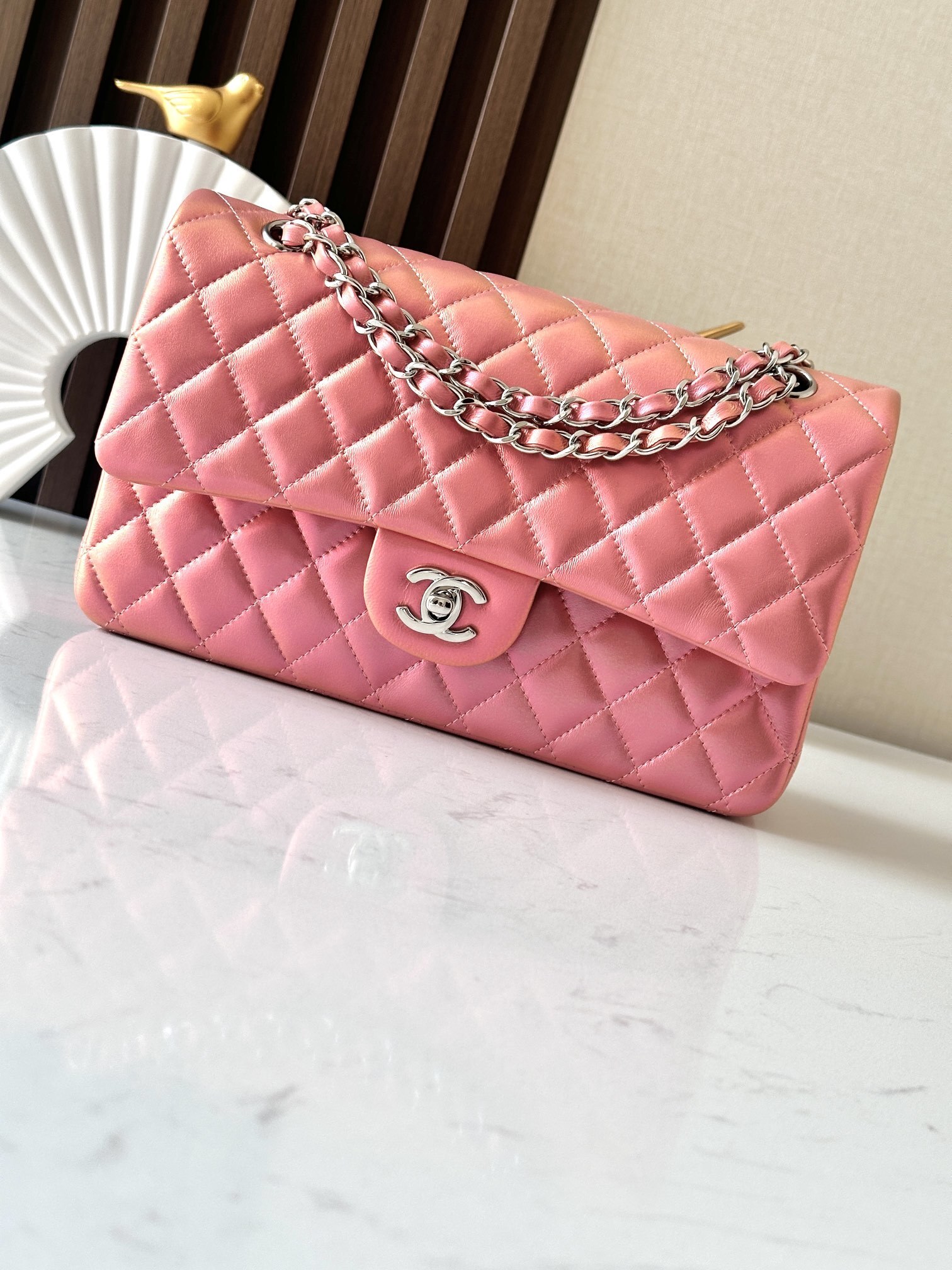 Chanel Classic Double Flap bag in light pink quilted lambskin leather with silver-tone hardware