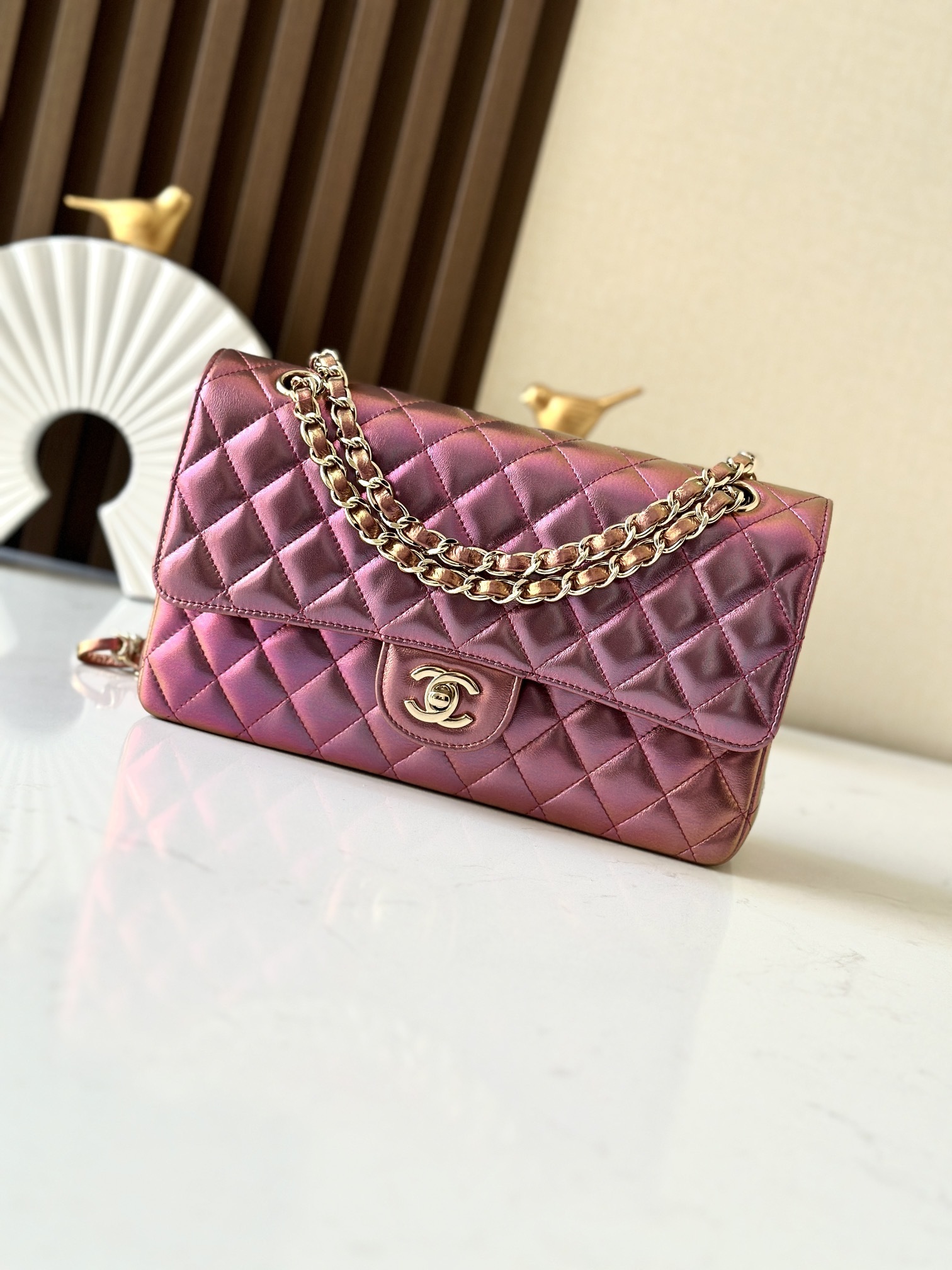 Chanel Medium Classic Double Flap Bag in iridescent purple quilted lambskin leather
