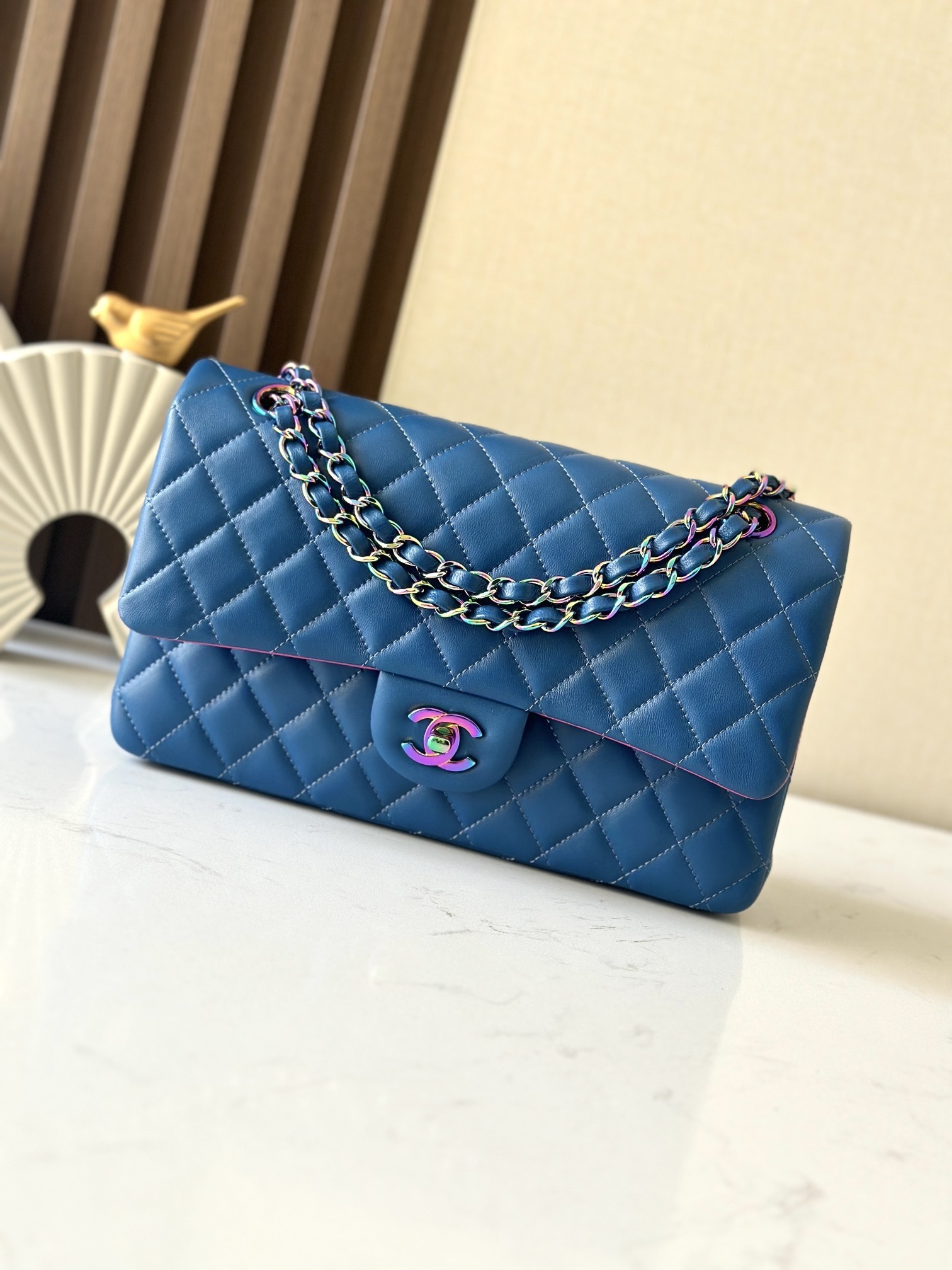 Chanel Classic Double Flap Bag in blue quilted lambskin leather with rainbow hardware