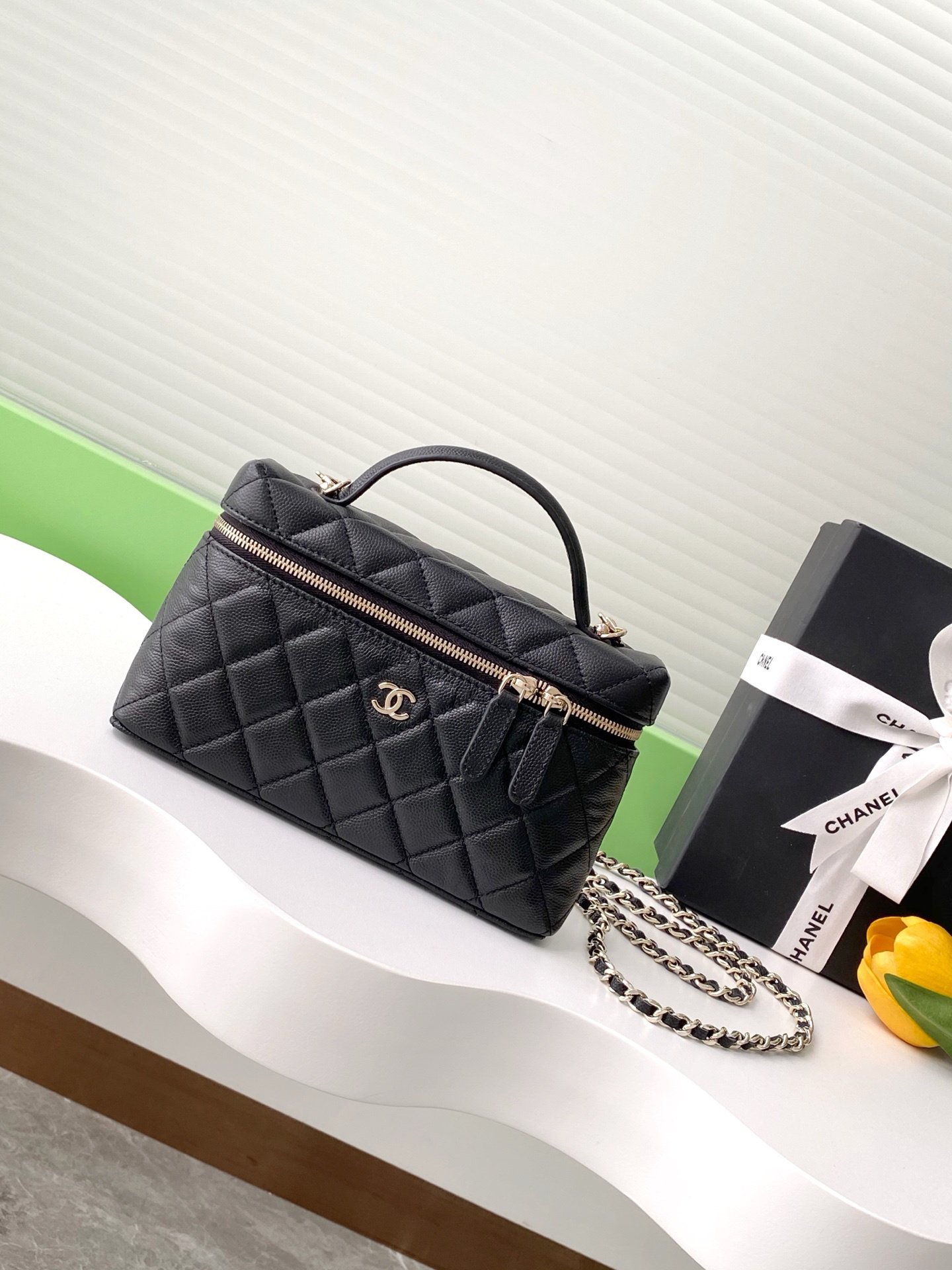 Chanel CC Top Handle Long Vanity Case with Chain in black caviar leather and light gold hardware