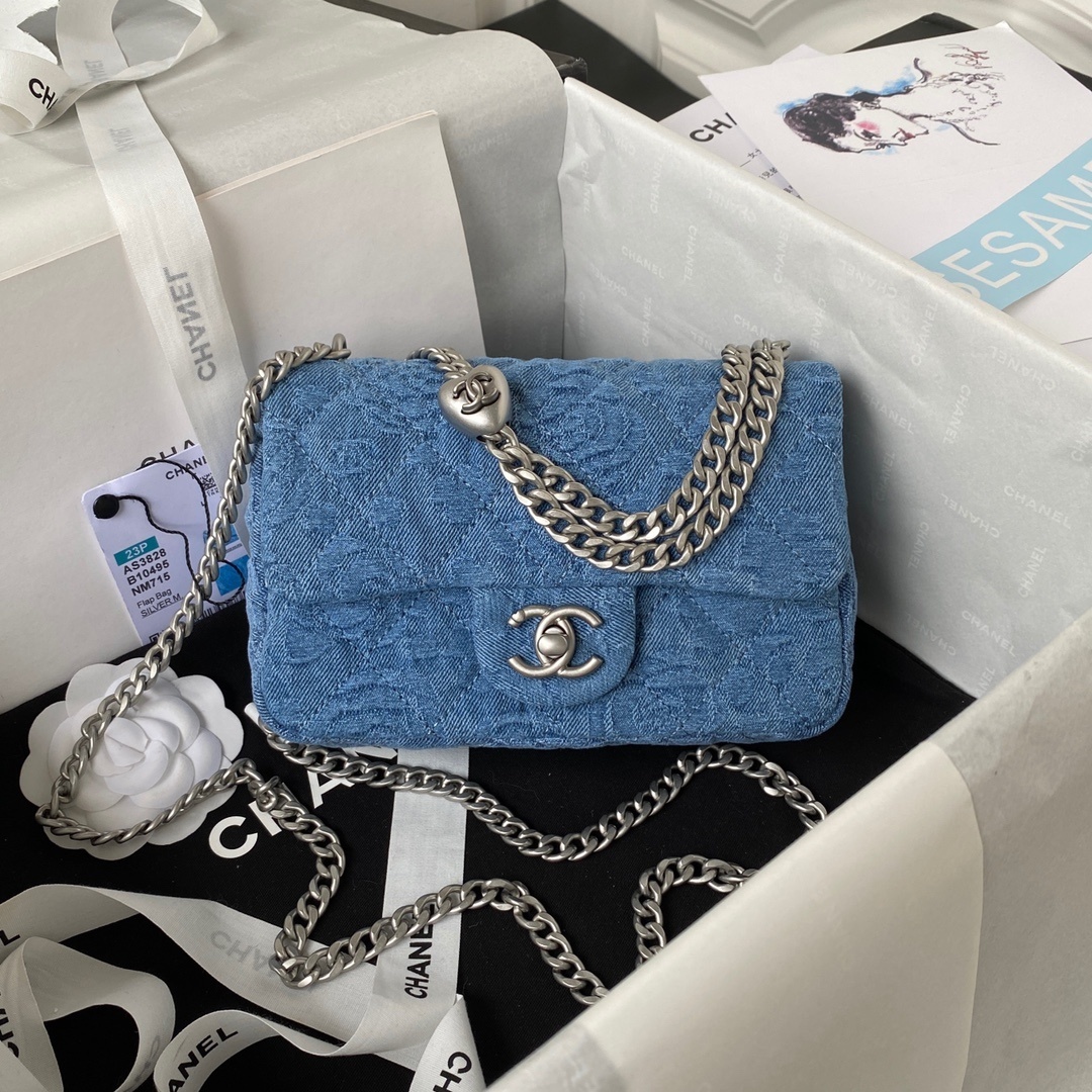 Chanel Mini Sweetheart Crush Flap bag in blue camellia denim with silver hardware