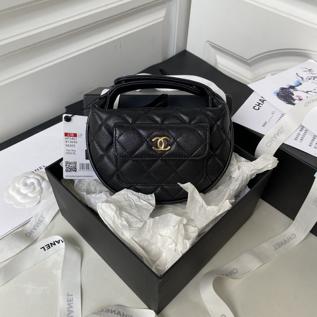 Chanel 23B mini round hobo pouch in black quilted caviar leather with gold hardware