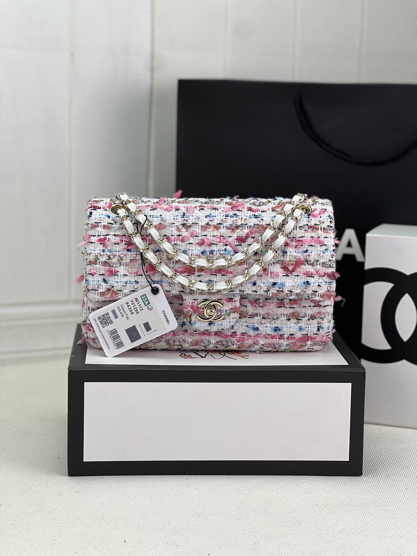 Chanel tweed quilted medium rectangular flap ecru pink blue white bag