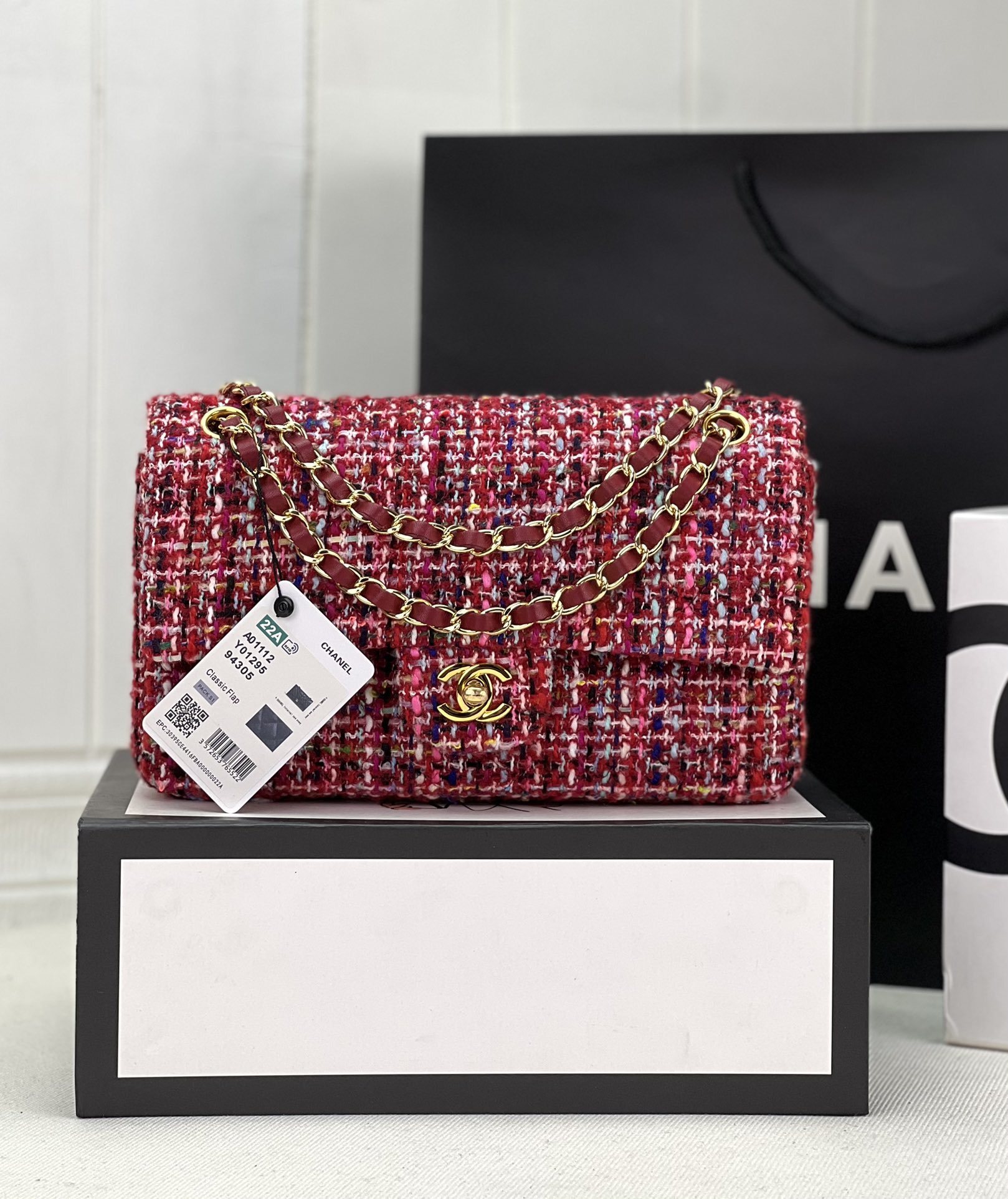 Chanel Small Classic Handbag in red, pink & black tweed with gold metal hardware