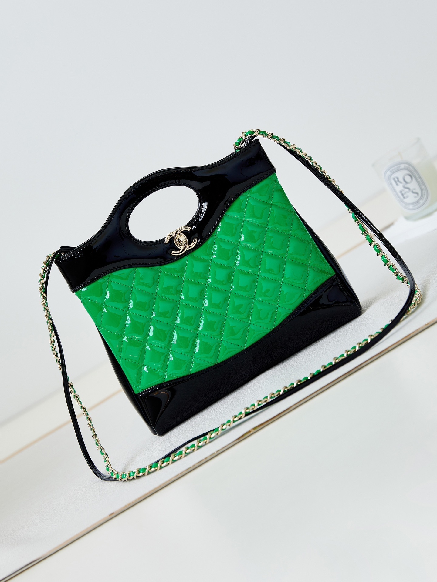 Chanel 31 Mini Shopping Bag in black and green patent leather with ruthenium-finish metal hardware