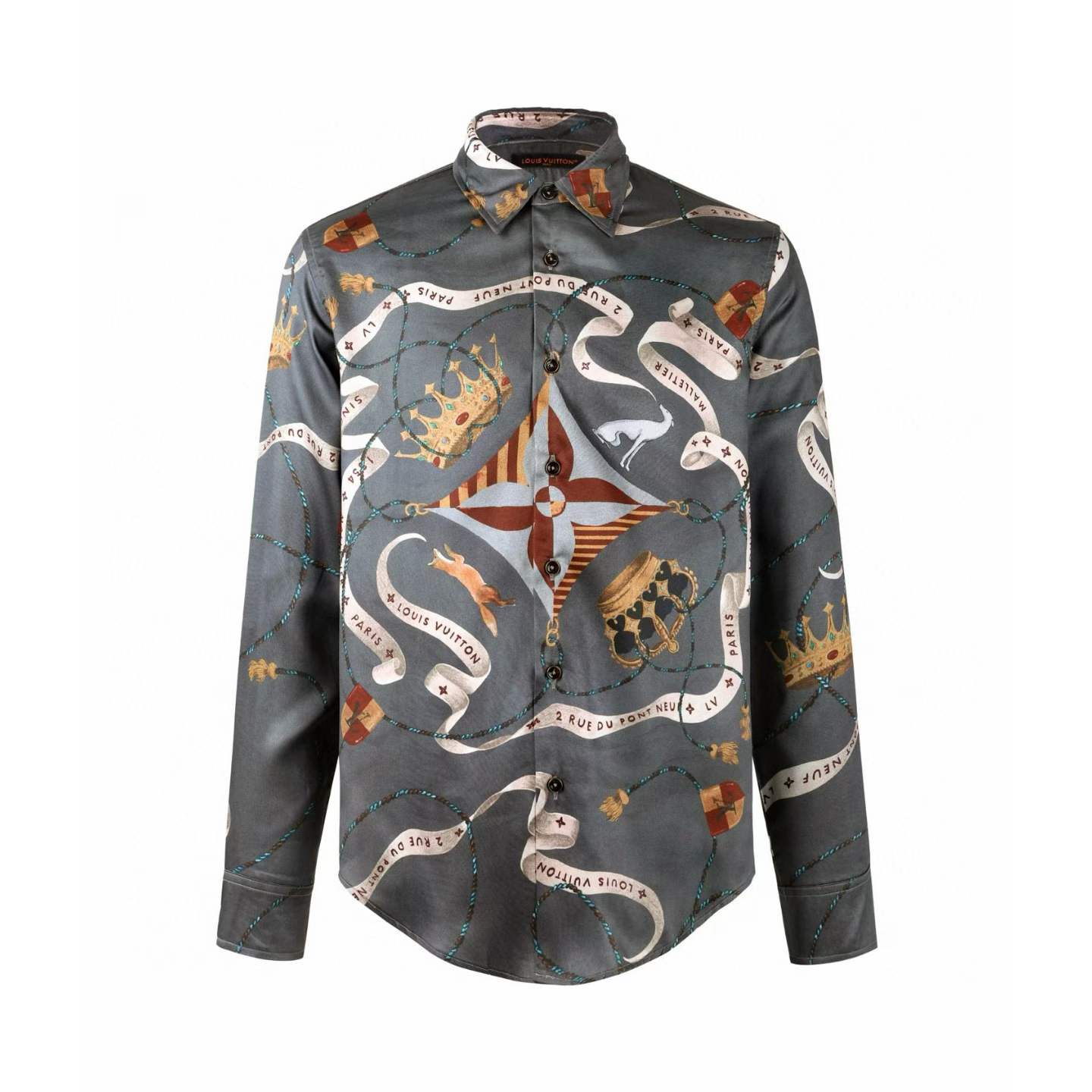 LV Printed Silk Shirt in graphite gray with the regal LV Emblem motif