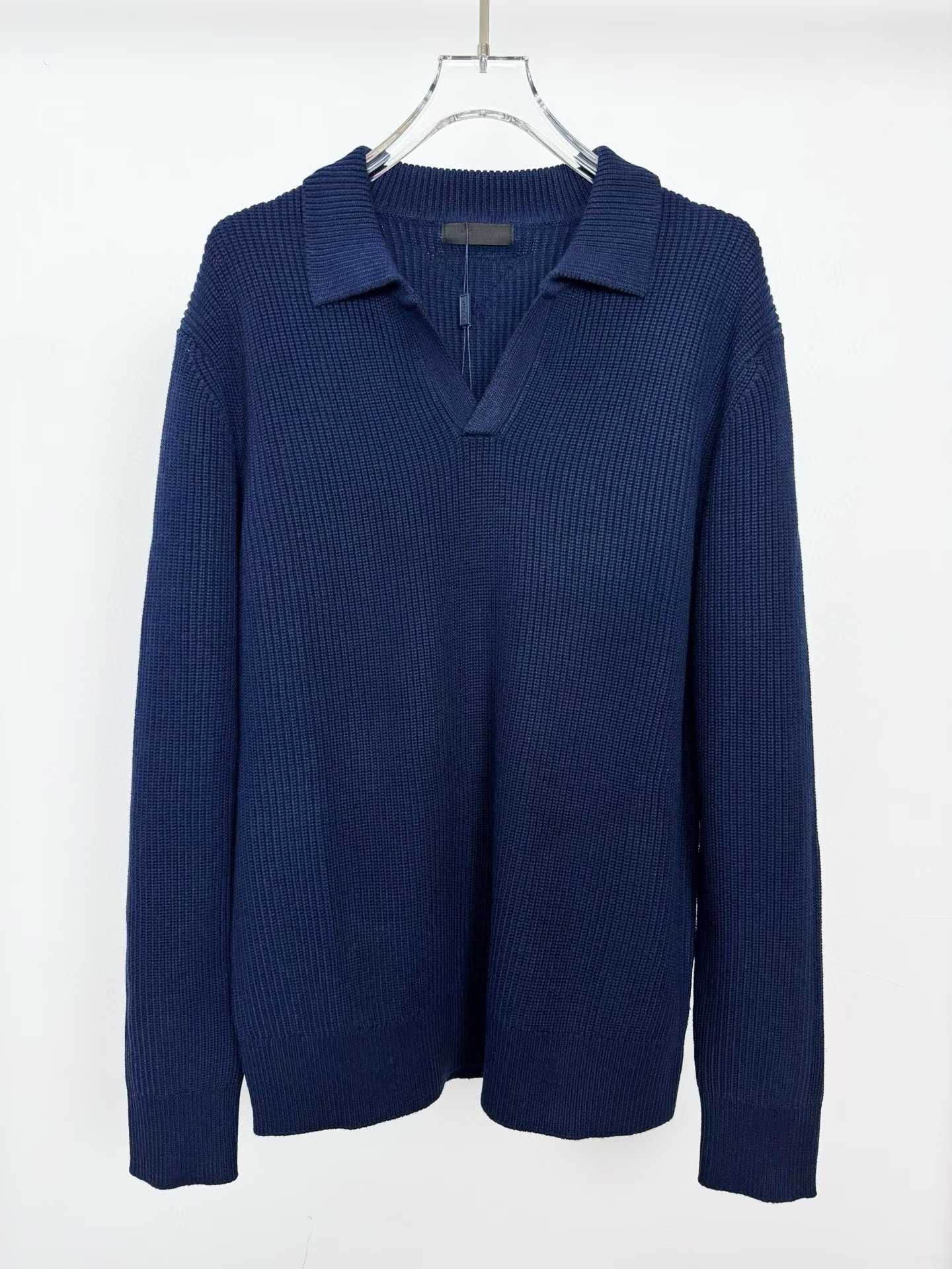 Prada Shawl Collar Slim Fit Cashmere Sweater in navy blue.