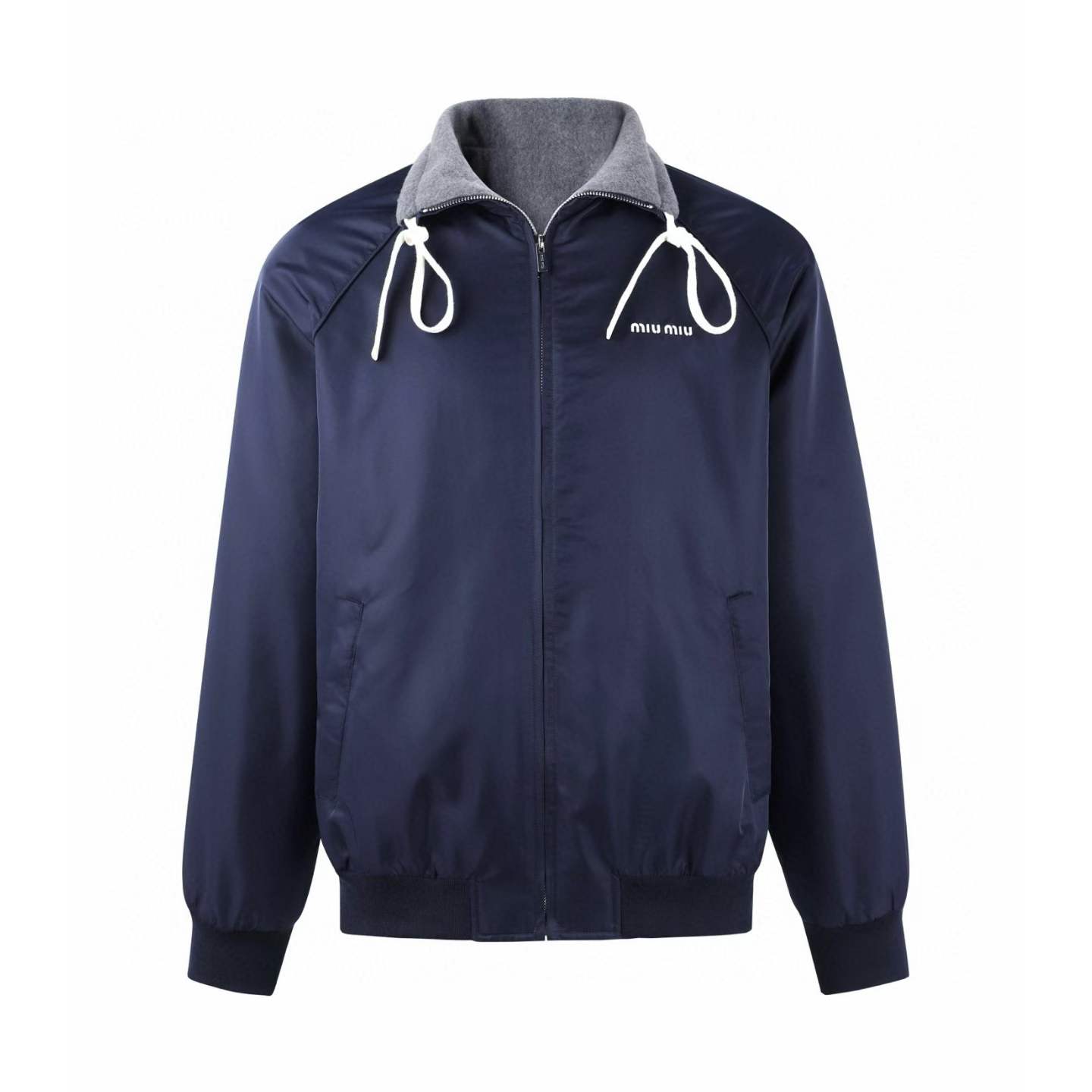 Miu Miu reversible bomber jacket in navy blue technical gazar and grey fleece with an embroidered logo