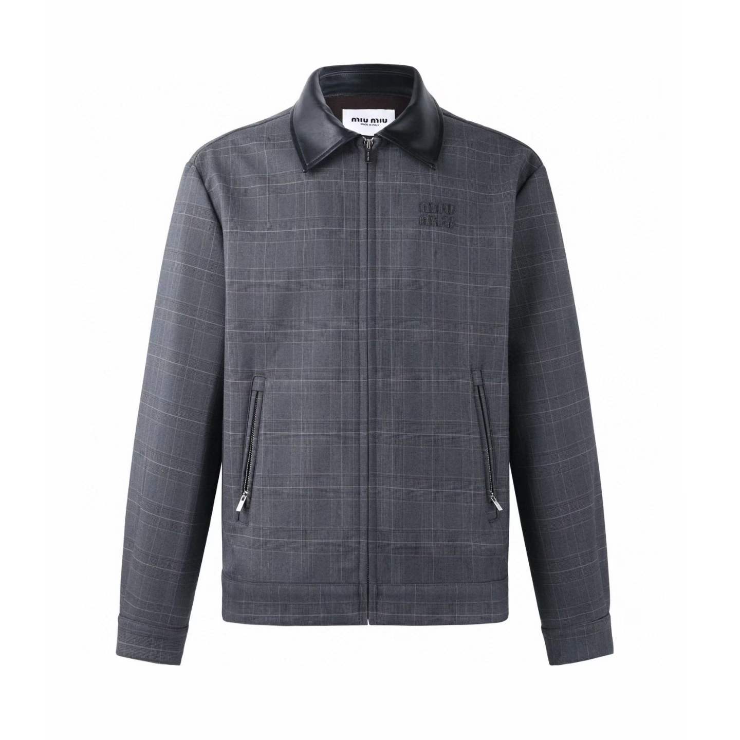 Miu Miu Prince of Wales check virgin wool blouson jacket with a corduroy collar and an embroidered logo on the chest