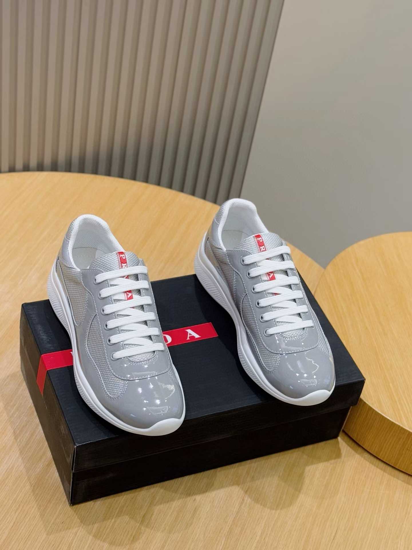 prada steel gray America's Cup patent leather and technical fabric sneakers