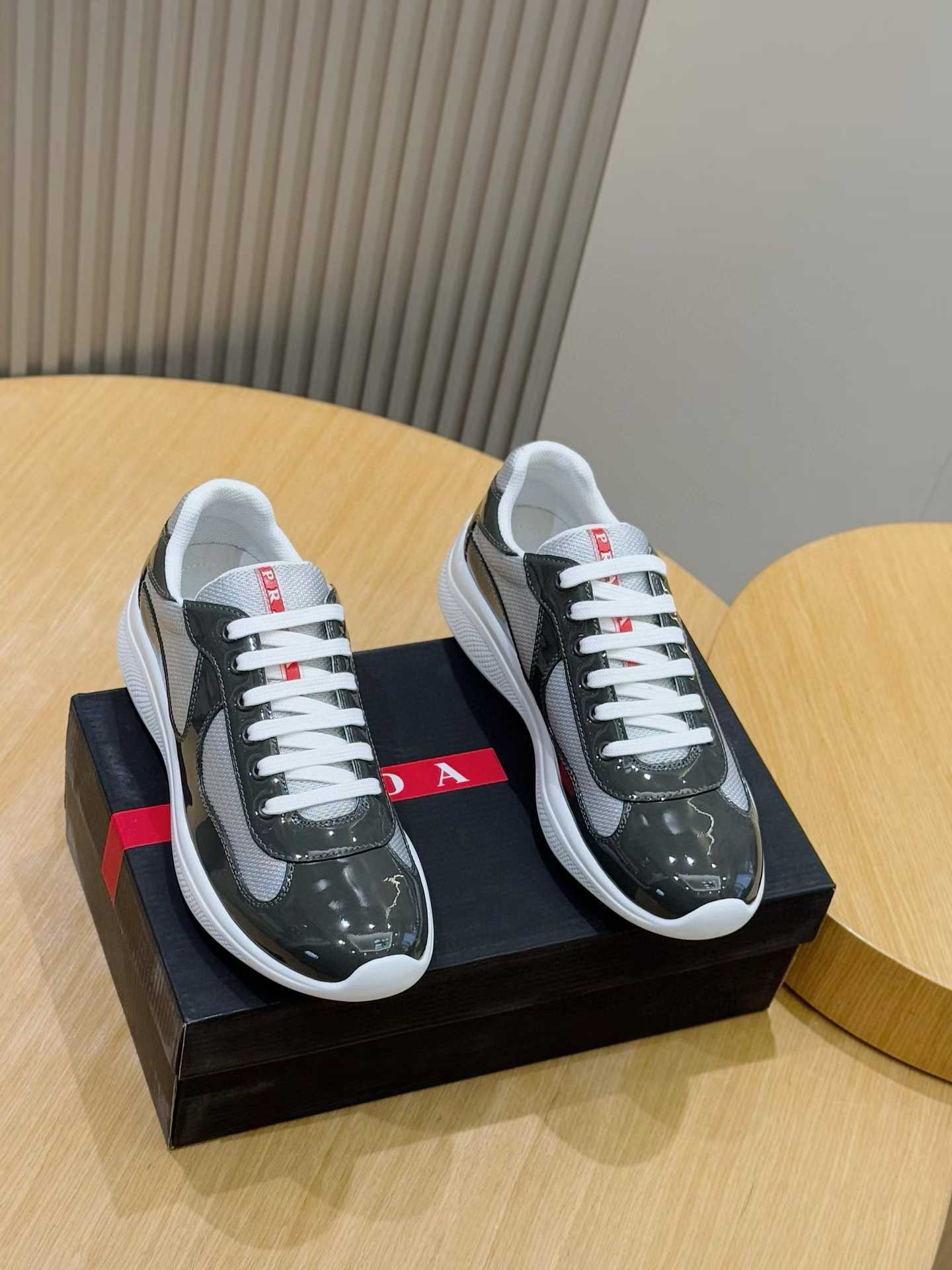 Prada America's Cup patent leather and technical fabric sneakers in grey and white