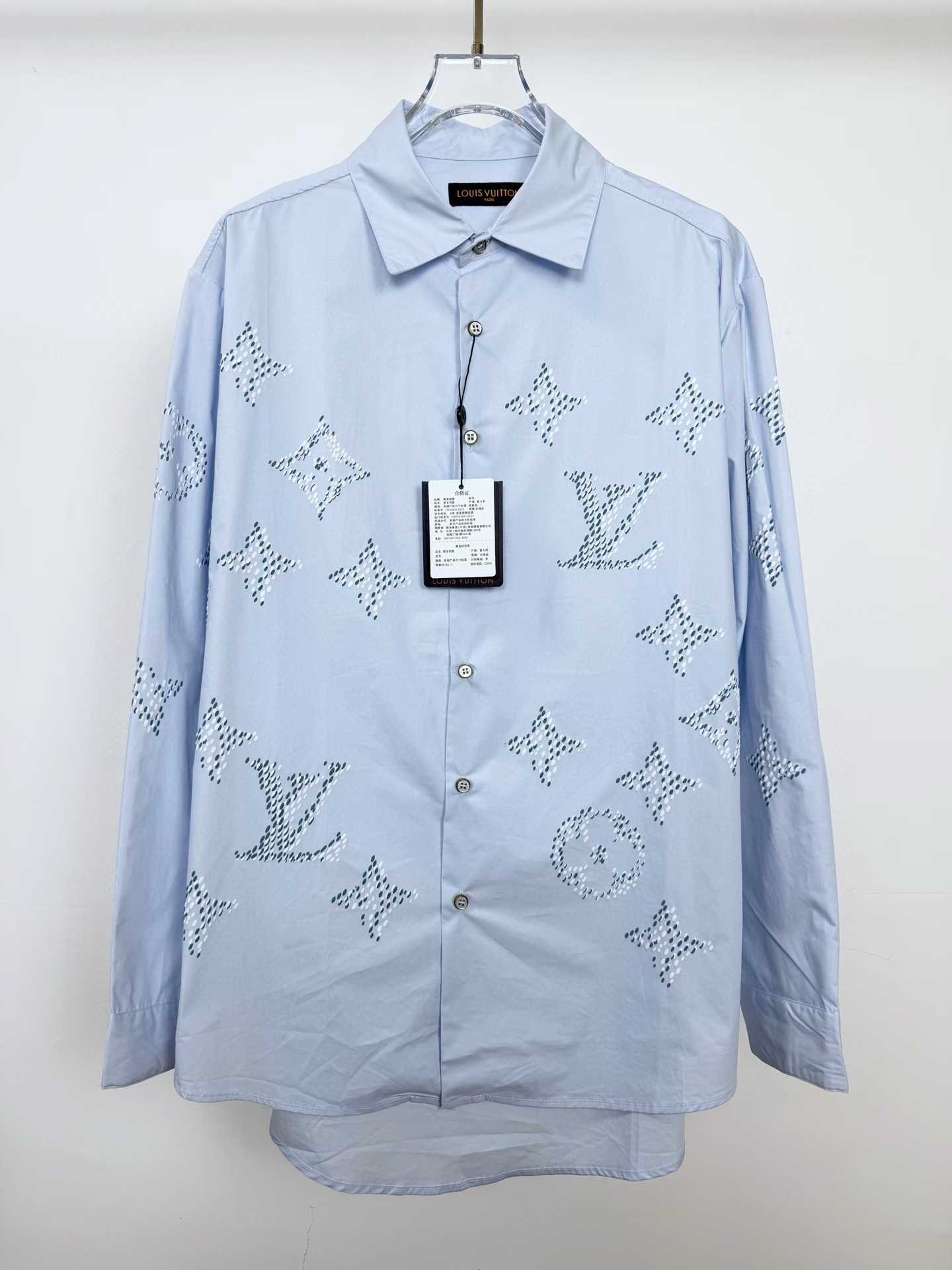 LV Monogram Long-Sleeved Shirt in a light blue color with embroidered monogram motifs