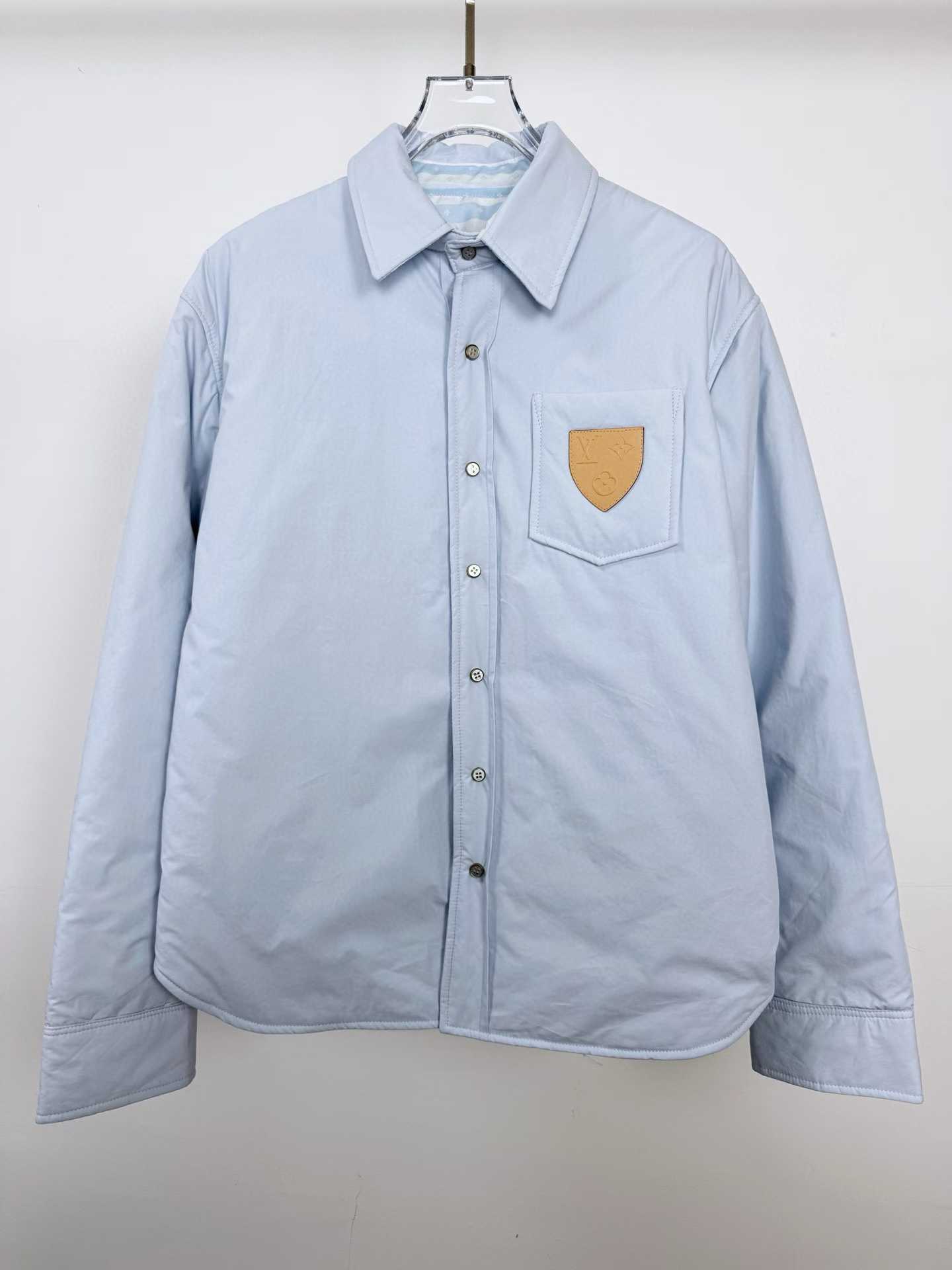 LV Reversible Padded Long-Sleeved Overshirt in sky blue cotton with a VVN-colored leather signature patch