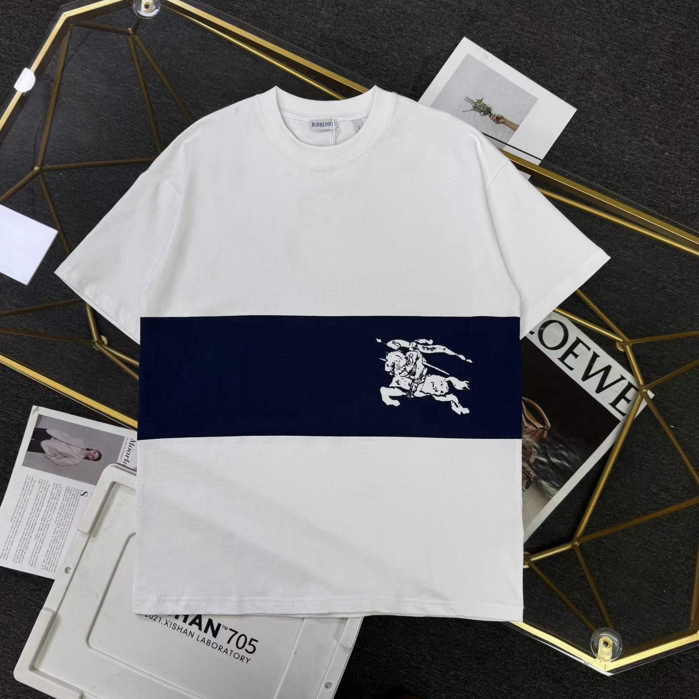 Burberry EKD cotton jersey T-shirt in white with a navy blue stripe