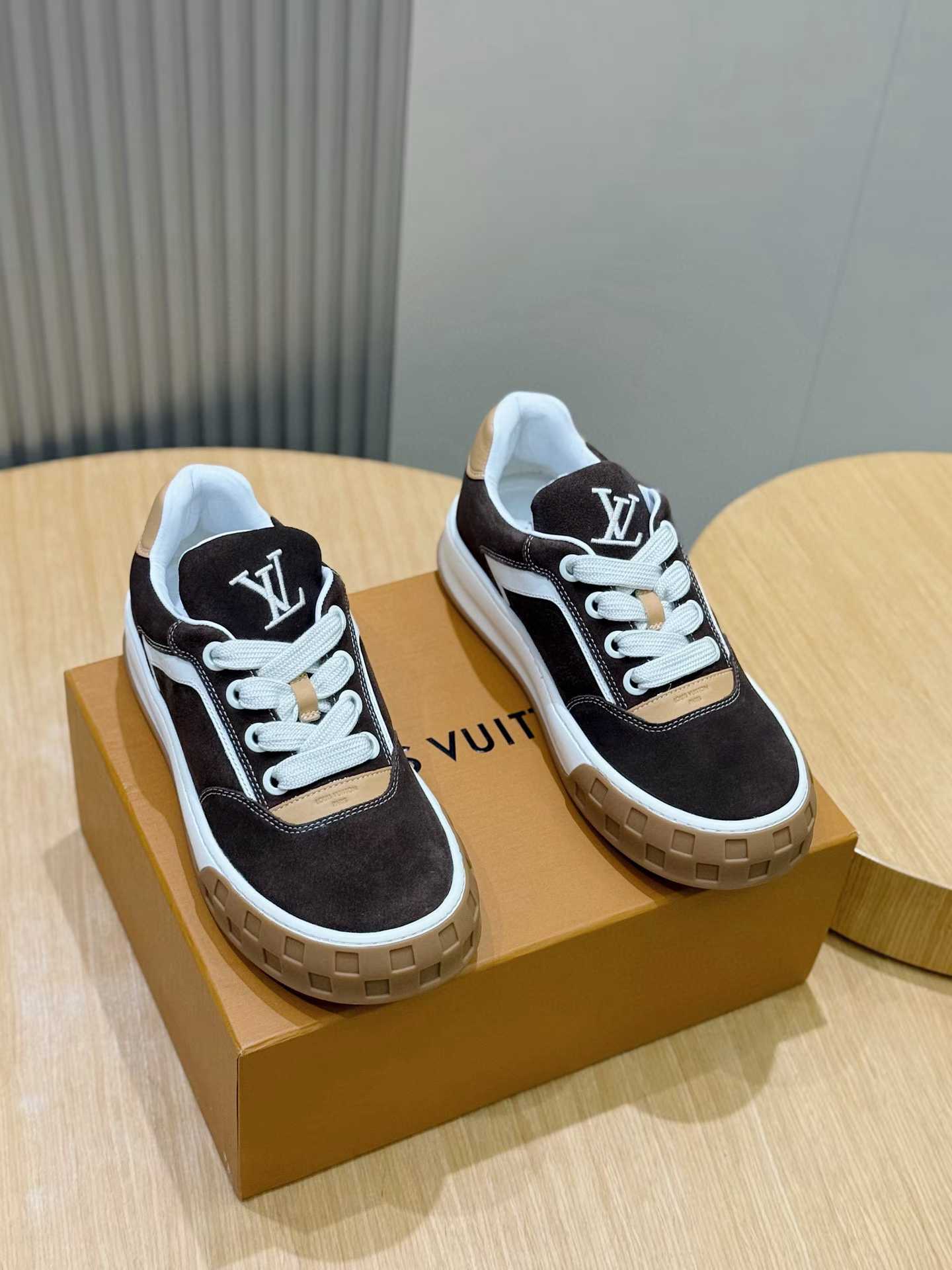 LV Tilted Sneaker in suede calf leather and natural leather trim