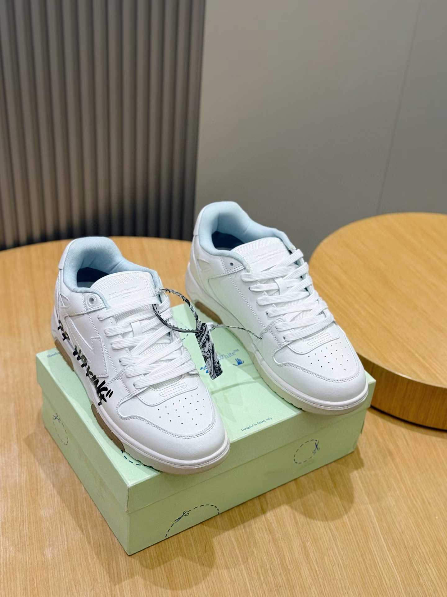 Off-White Out of Office "OOO" sneakers in white leather with black "For Walking" text details and the signature Zip Tie tag