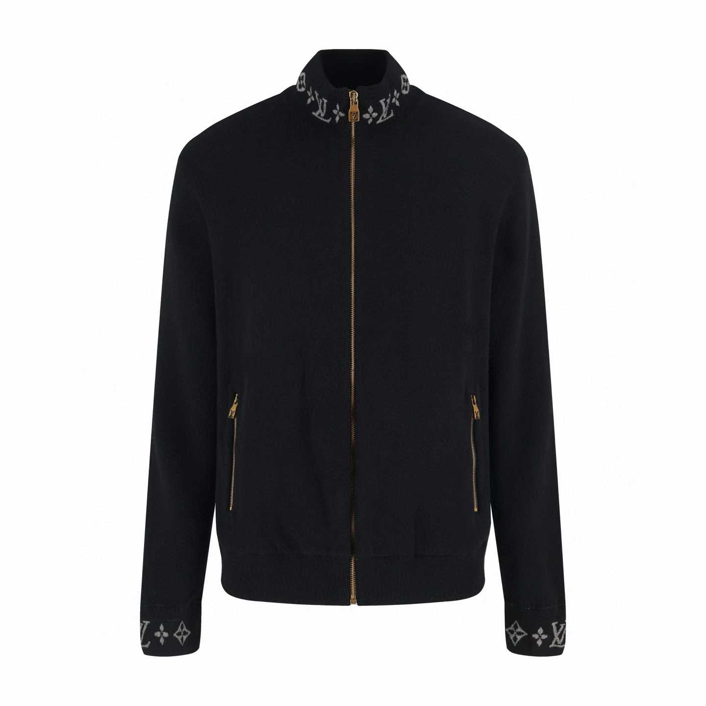 LV black double-face knit wool travel blouson with jacquard monogram details on the collar and cuffs