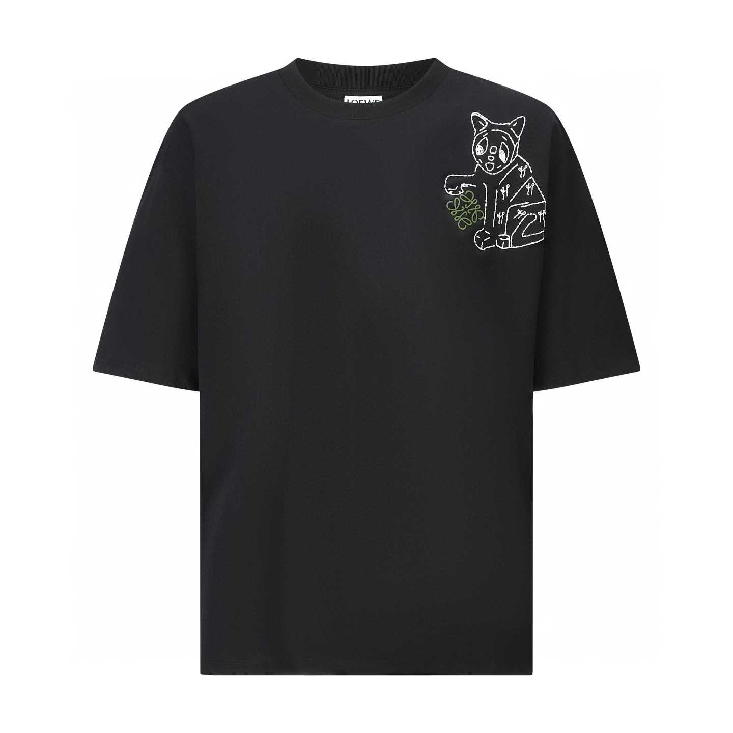 Loewe x Louis Wain embroidered cotton jersey t-shirt in black featuring a "Lucky Cat" and "Anagram" embroidery on the chest