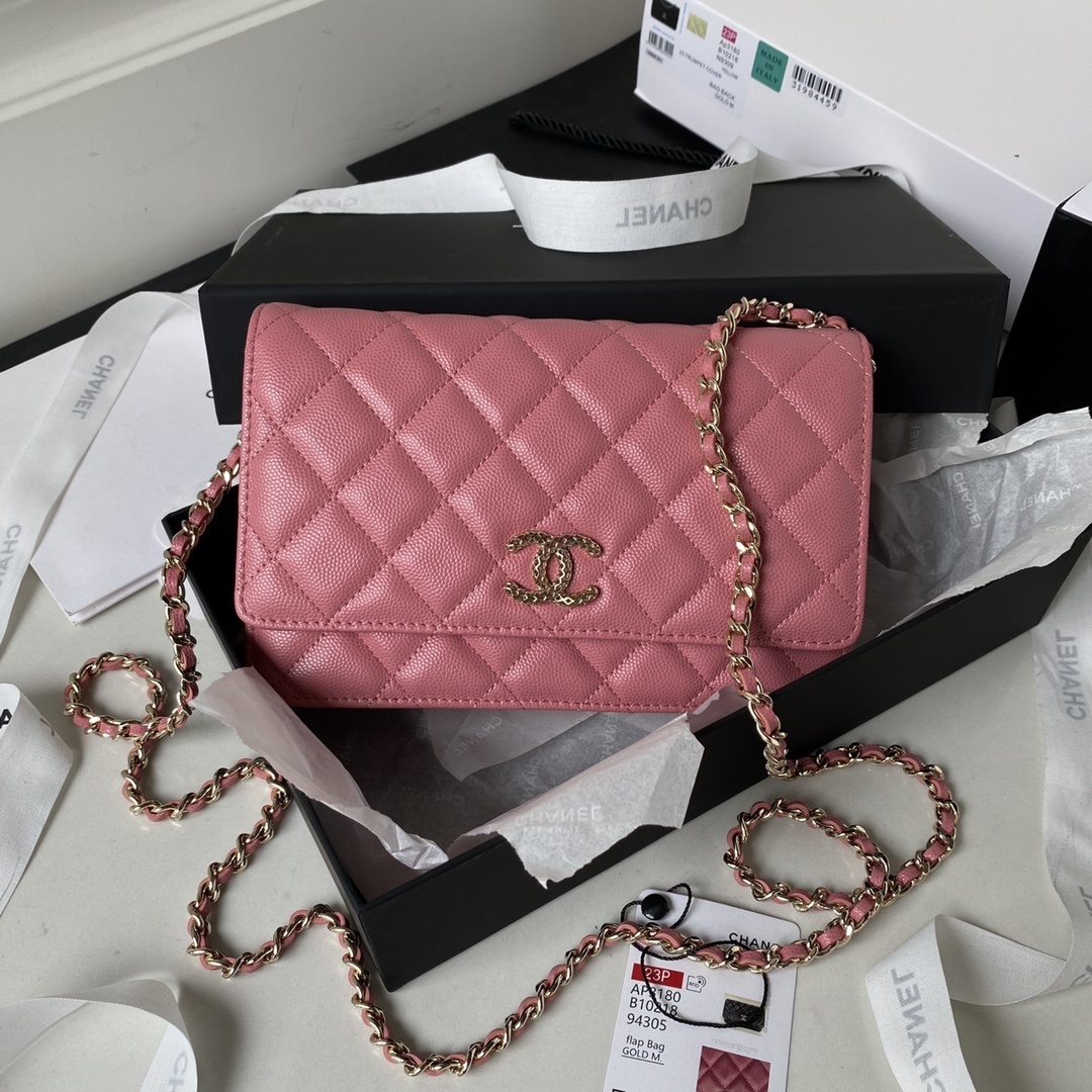 Chanel Wallet on Chain (WOC) in pink quilted lambskin leather with gold-tone hardware