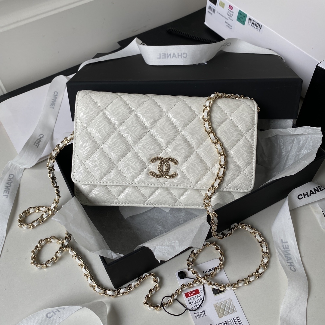Chanel Wallet on Chain (WOC) Pearl Crush in white caviar leather with gold-tone hardware