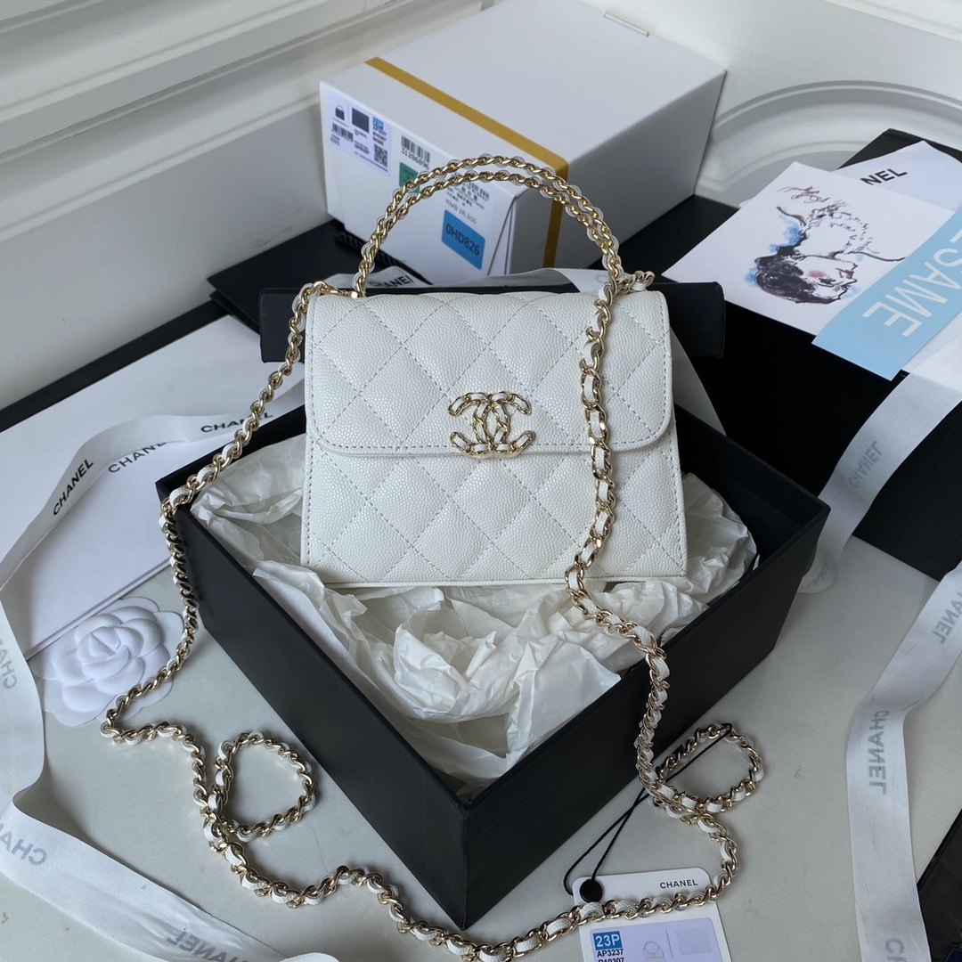 Chanel 23P Top Handle Clutch with Chain in white caviar leather and gold-tone hardware