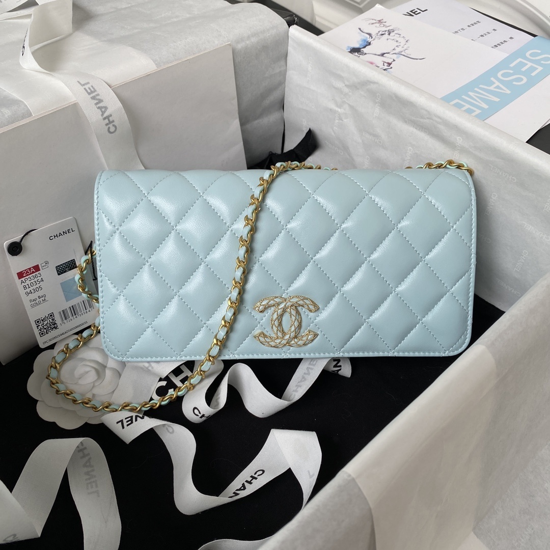 Chanel 24P Wallet on Chain in baby blue glossy lambskin leather with a pearl CC logo and light gold-tone hardware