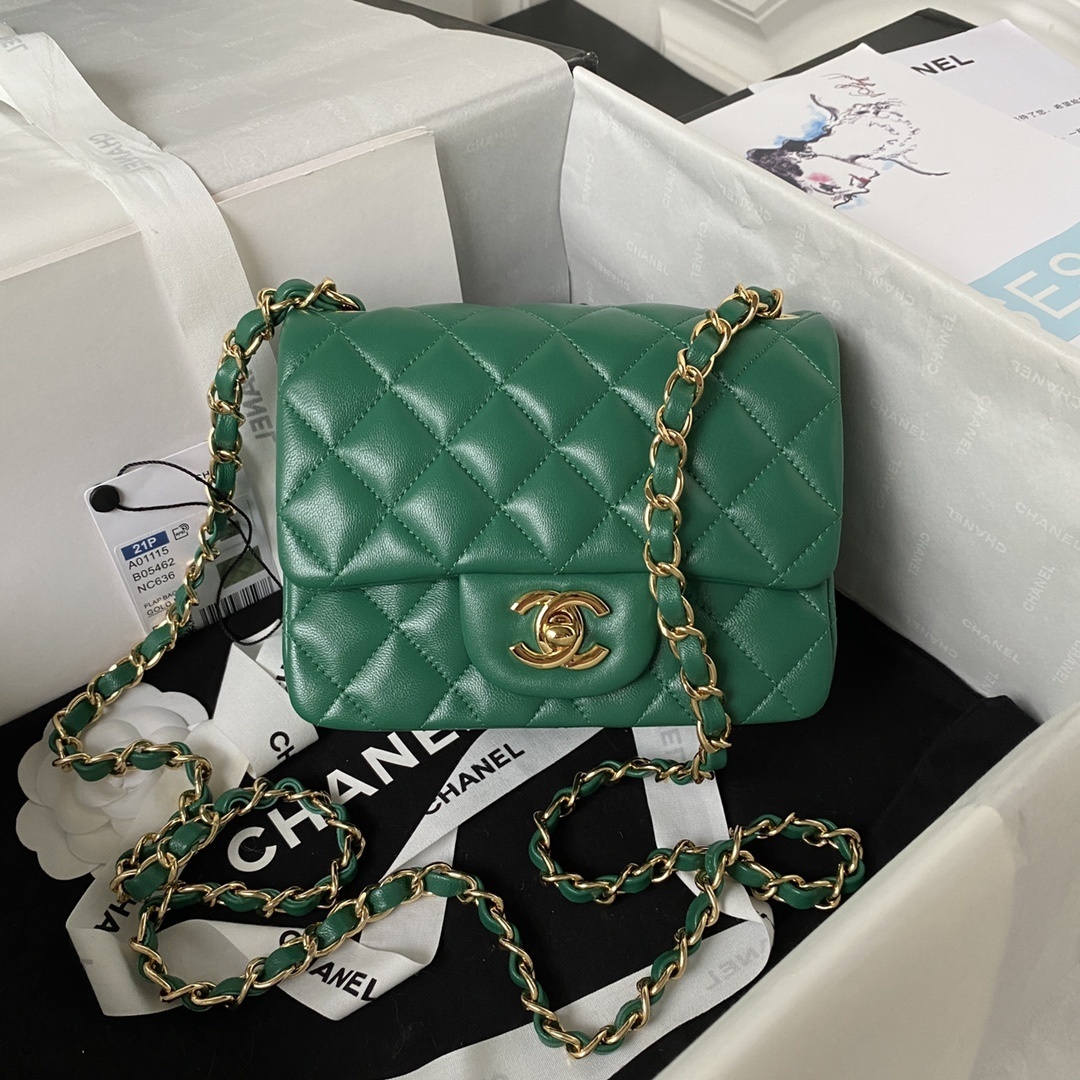 Chanel Mini Square Flap Bag in green lambskin leather with gold-tone hardware