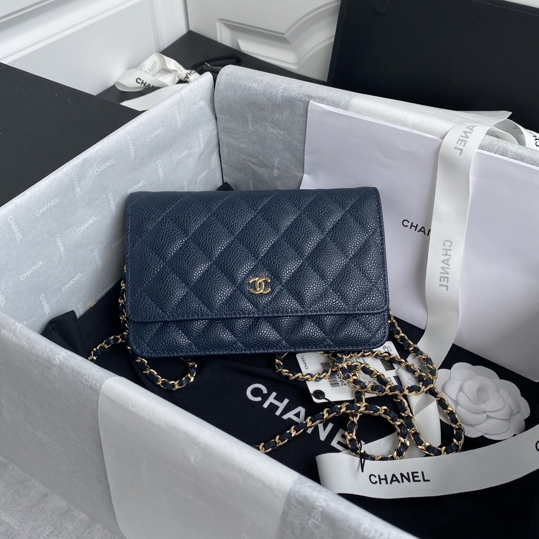 Chanel Classic Wallet on Chain (WOC) in blue quilted caviar leather