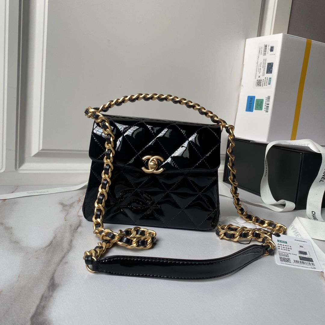 Chanel black patent leather top handle mini flap bag