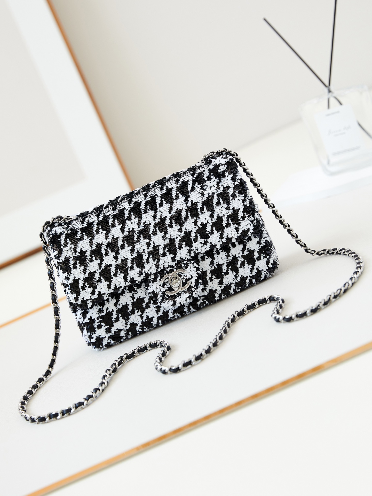 Chanel Sequin Mini Houndstooth Rectangular Flap bag Black and white